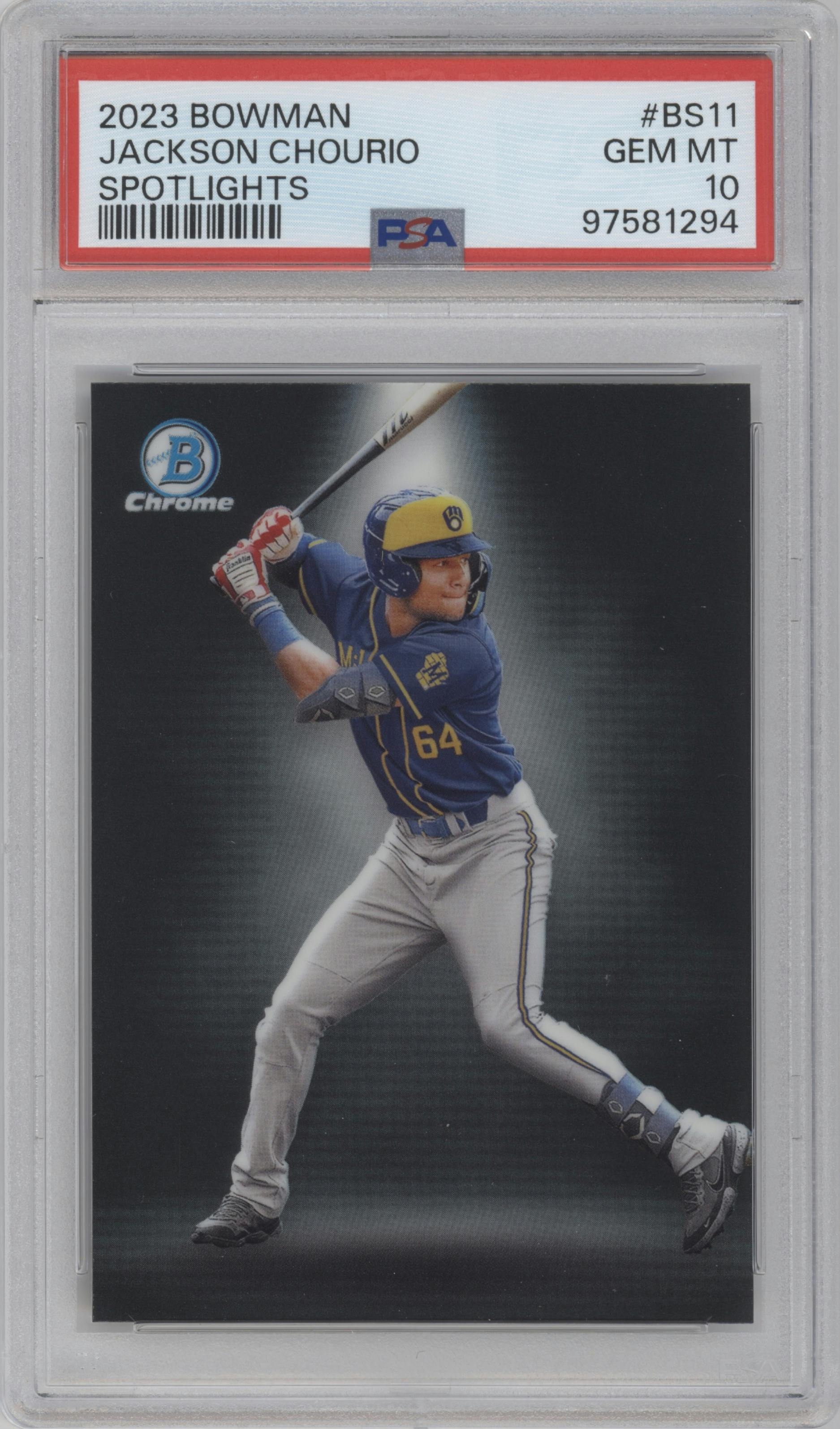 Jackson Chourio from the 2023 Bowman  set graded by PSA and given an overall grade of 10.