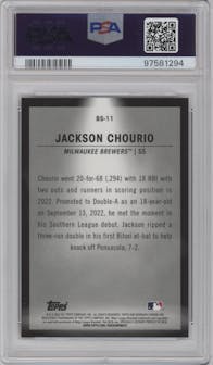 Jackson Chourio from the 2023 Bowman  set graded by PSA and given an overall grade of 10.