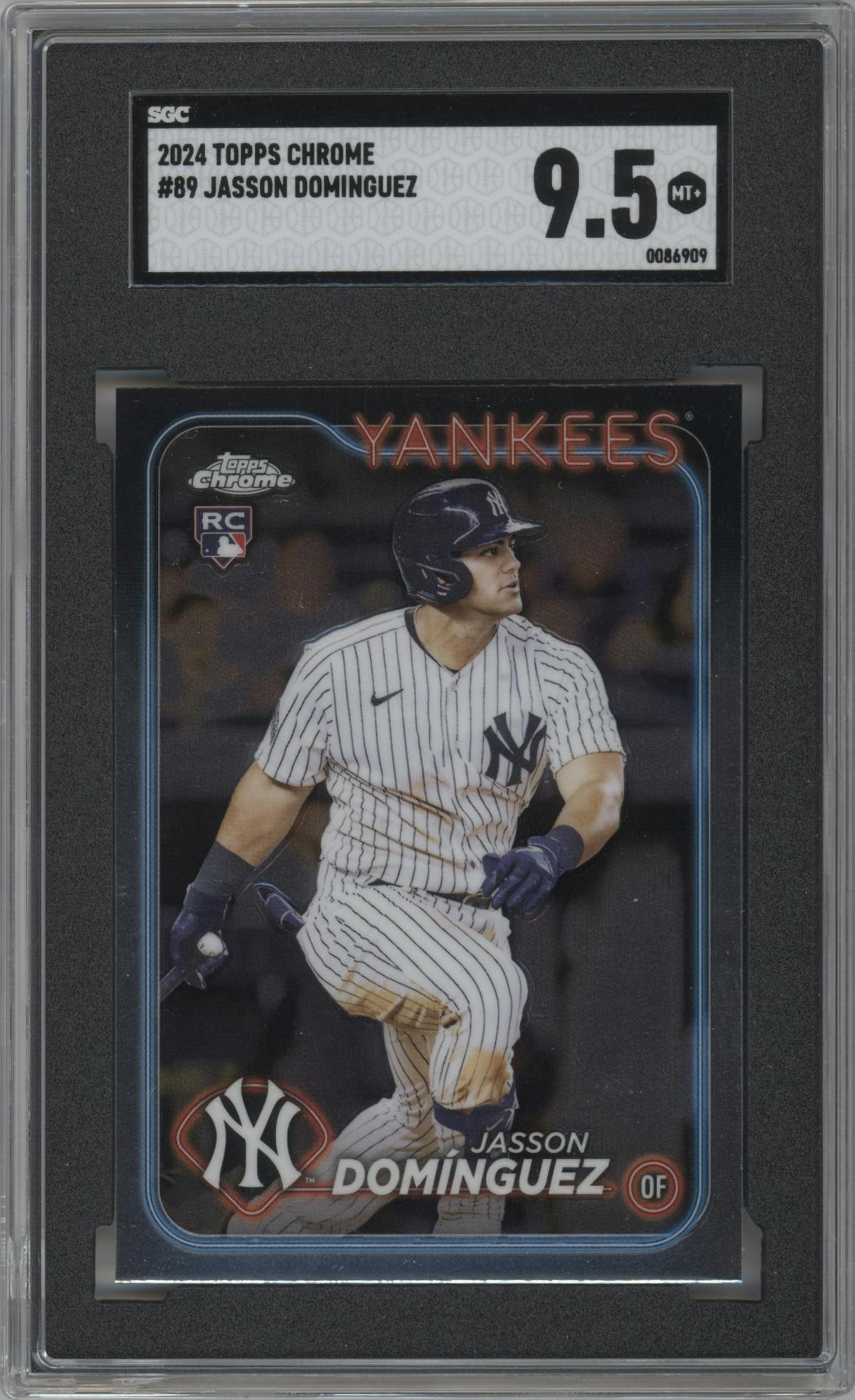 Jasson Dominguez from the 2024 Topps Chrome set graded by SGC and given an overall grade of 9.5.