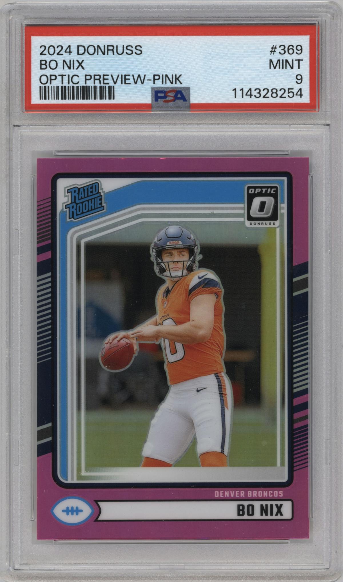 Bo Nix from the 2024 Donruss set featuring a Pink parallel graded by PSA and given an overall grade of 9.