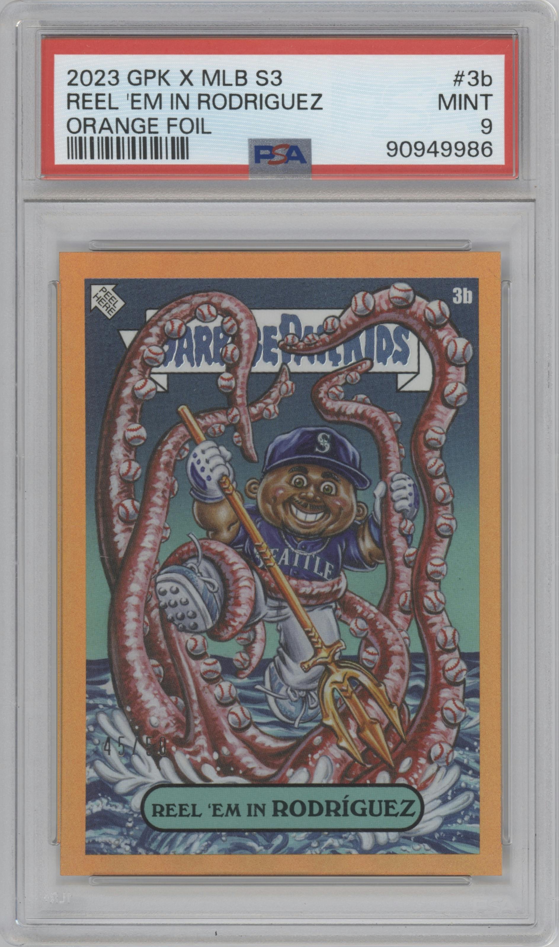 Reel ‘Em In Rodríguez from the 2023 Topps Garbage Pail Kids x MLB Series 3 set featuring a Orange Foil parallel graded by PSA and given an overall grade of 9.