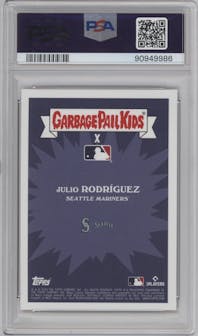 Reel ‘Em In Rodríguez from the 2023 Topps Garbage Pail Kids x MLB Series 3 set featuring a Orange Foil parallel graded by PSA and given an overall grade of 9.