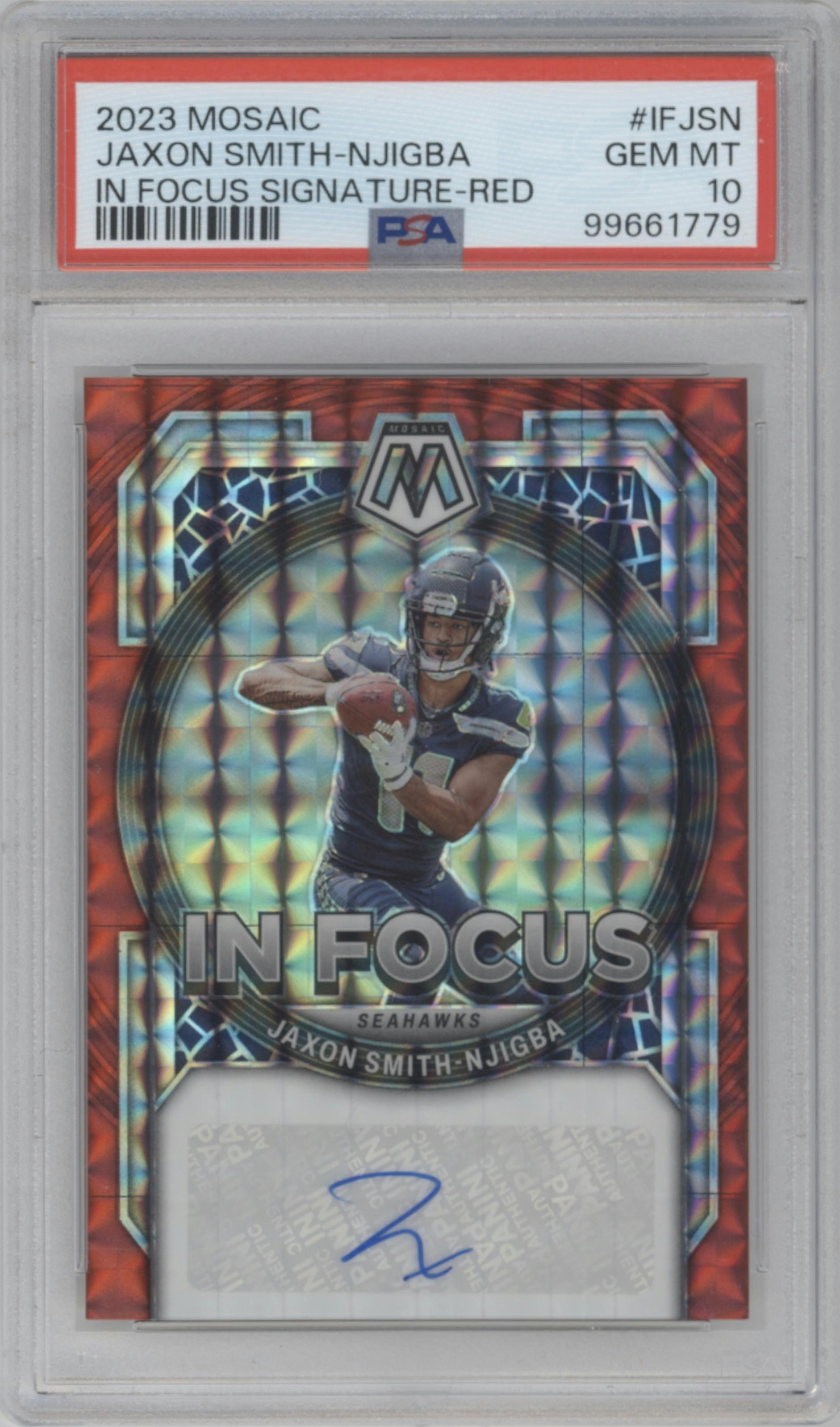 Jaxon Smith-Njigba from the 2023 Panini Mosaic set featuring a Red parallel graded by PSA and given an overall grade of 10.