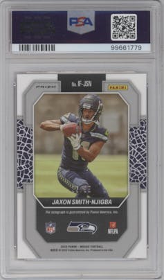 Jaxon Smith-Njigba from the 2023 Panini Mosaic set featuring a Red parallel graded by PSA and given an overall grade of 10.