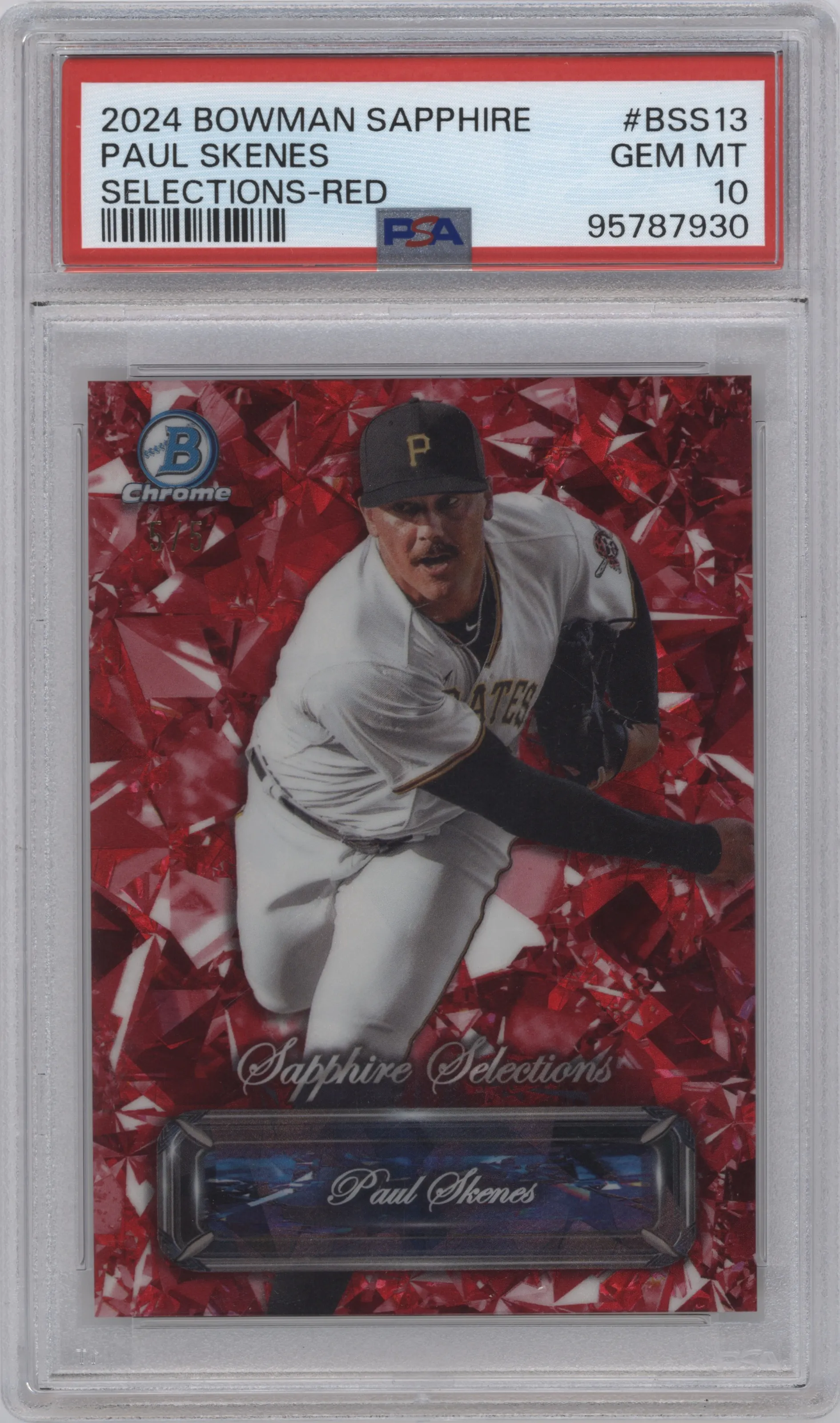 Paul Skenes from the 2024 Bowman Sapphire Edition set featuring a Red Refractor parallel graded by PSA and given an overall grade of 10.