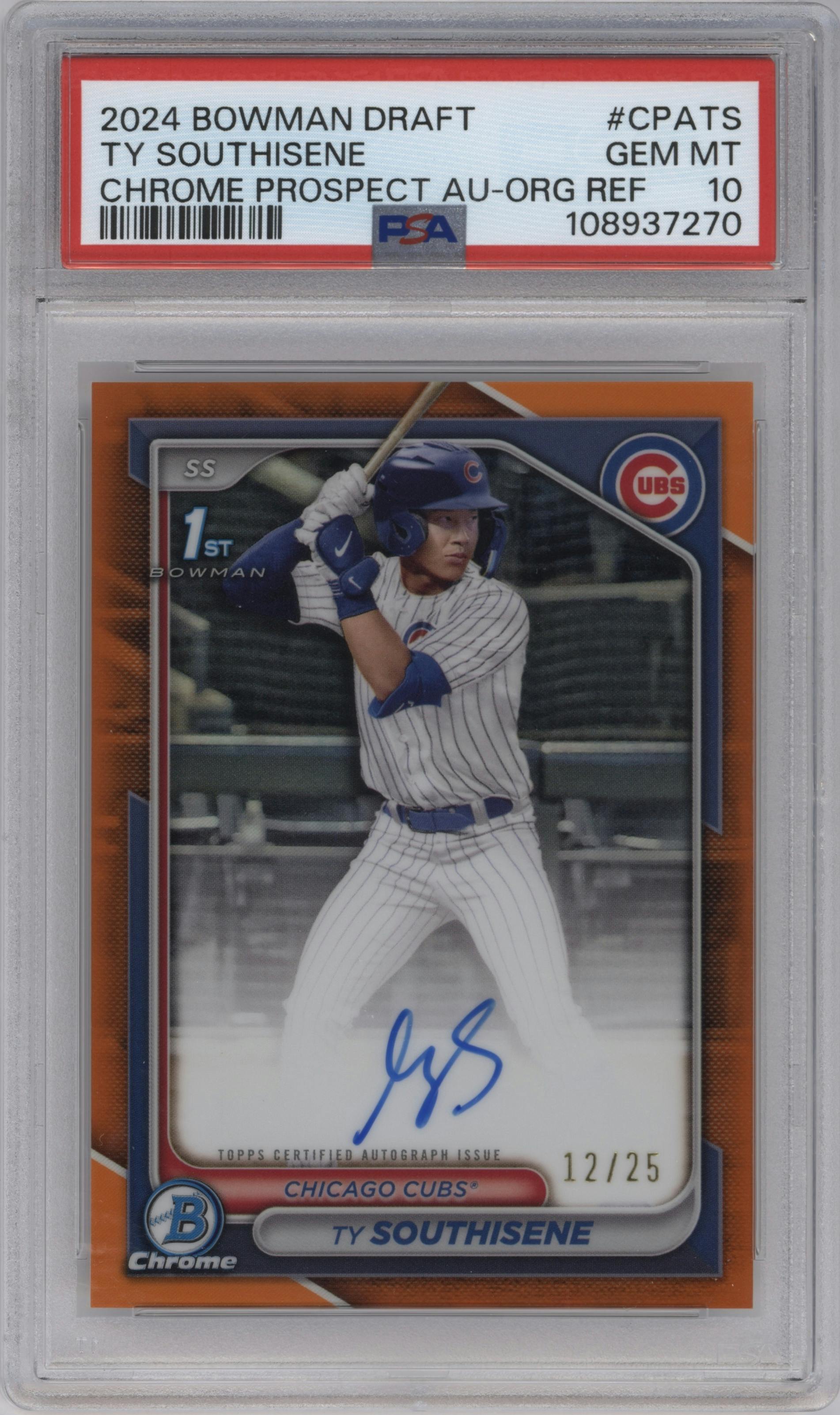 Ty Southisene from the 2024 Bowman Draft set featuring a Orange Refractor parallel graded by PSA and given an overall grade of 10.