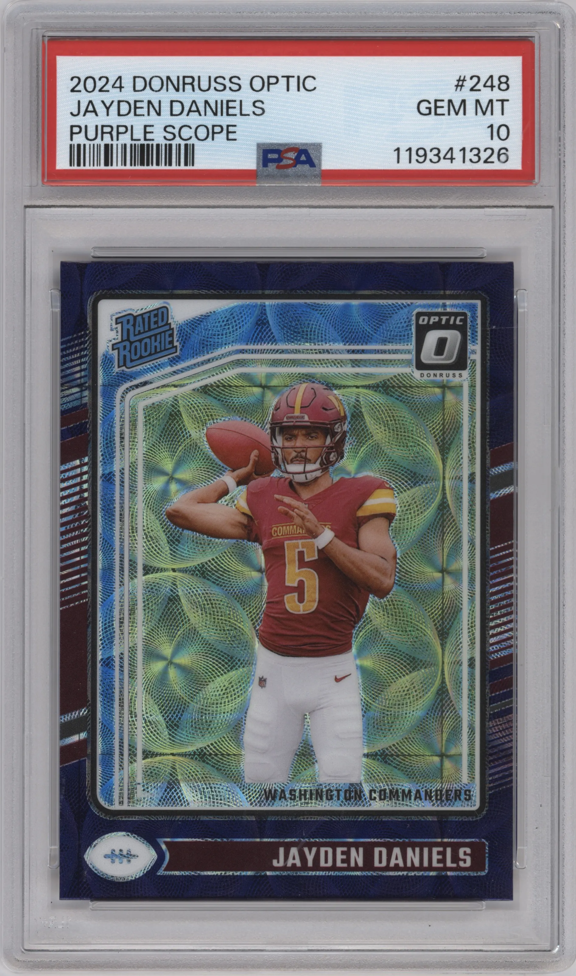 Jayden Daniels from the 2024 Donruss Optic set featuring a Purple Scope parallel graded by PSA and given an overall grade of 10.
