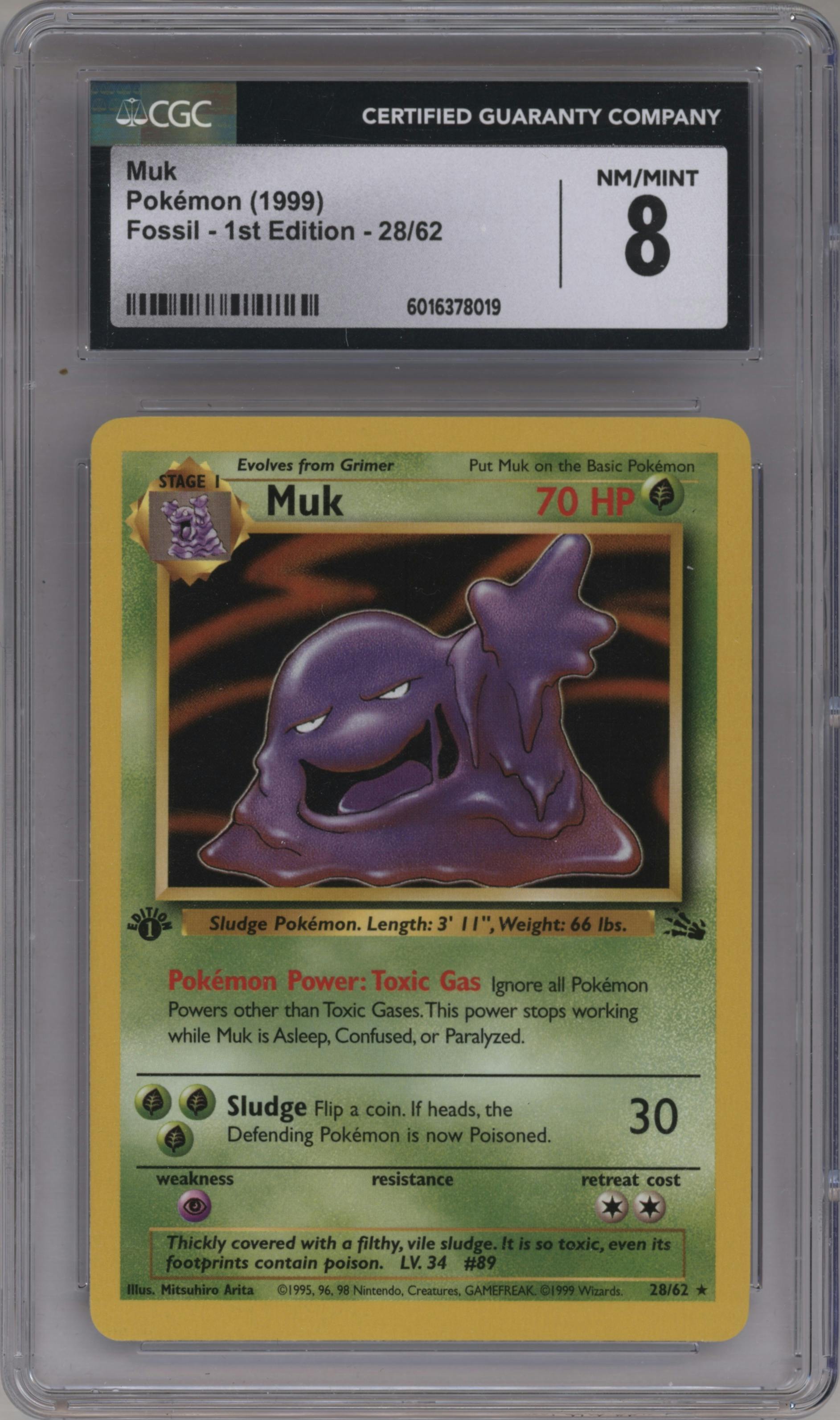 Muk from the 1999 Pokemon set graded by CSG and given an overall grade of 8.