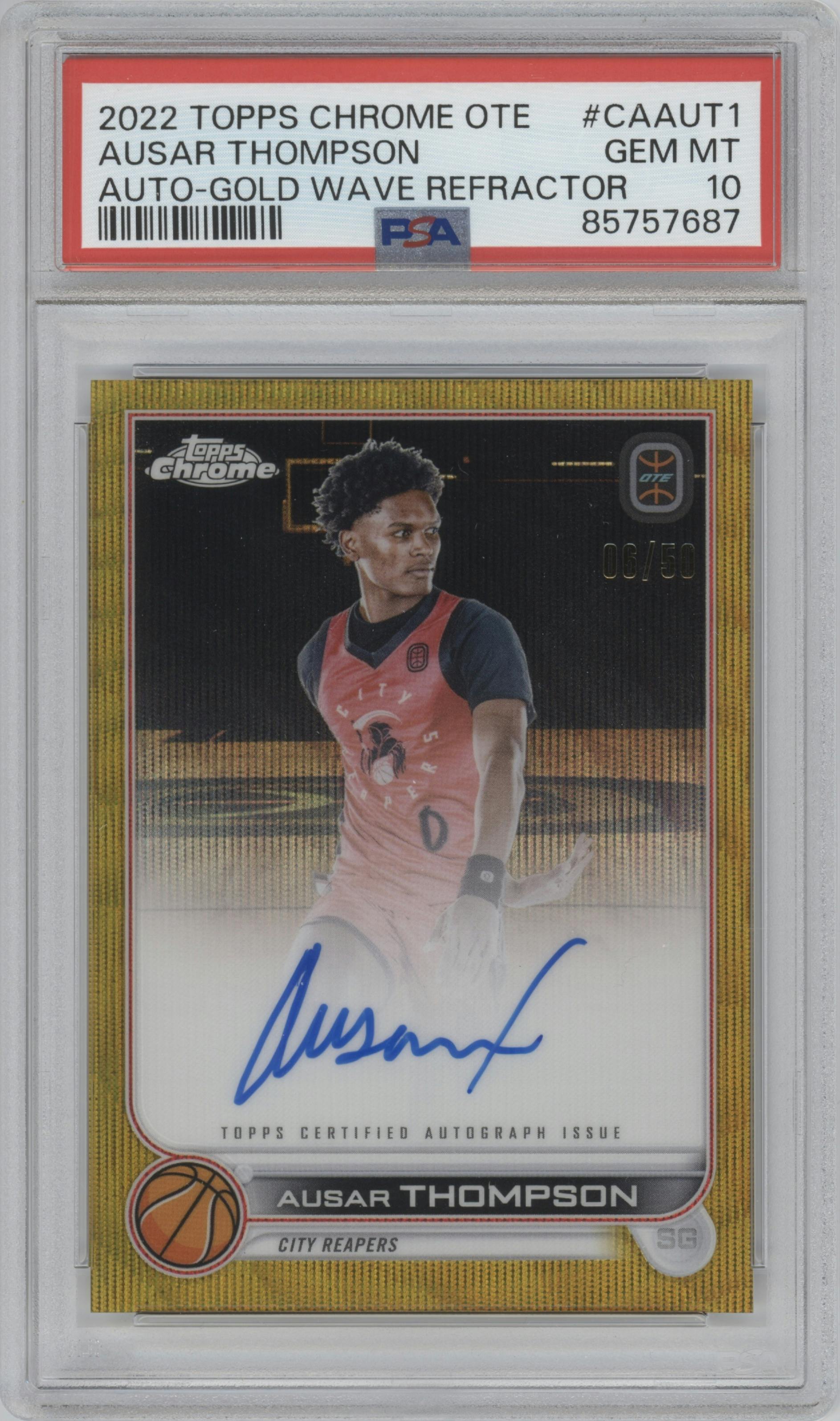 Ausar Thompson from the 2022-23 Topps Chrome OTE Overtime Elite set featuring a Gold Wave Refractor parallel graded by PSA and given an overall grade of 10.