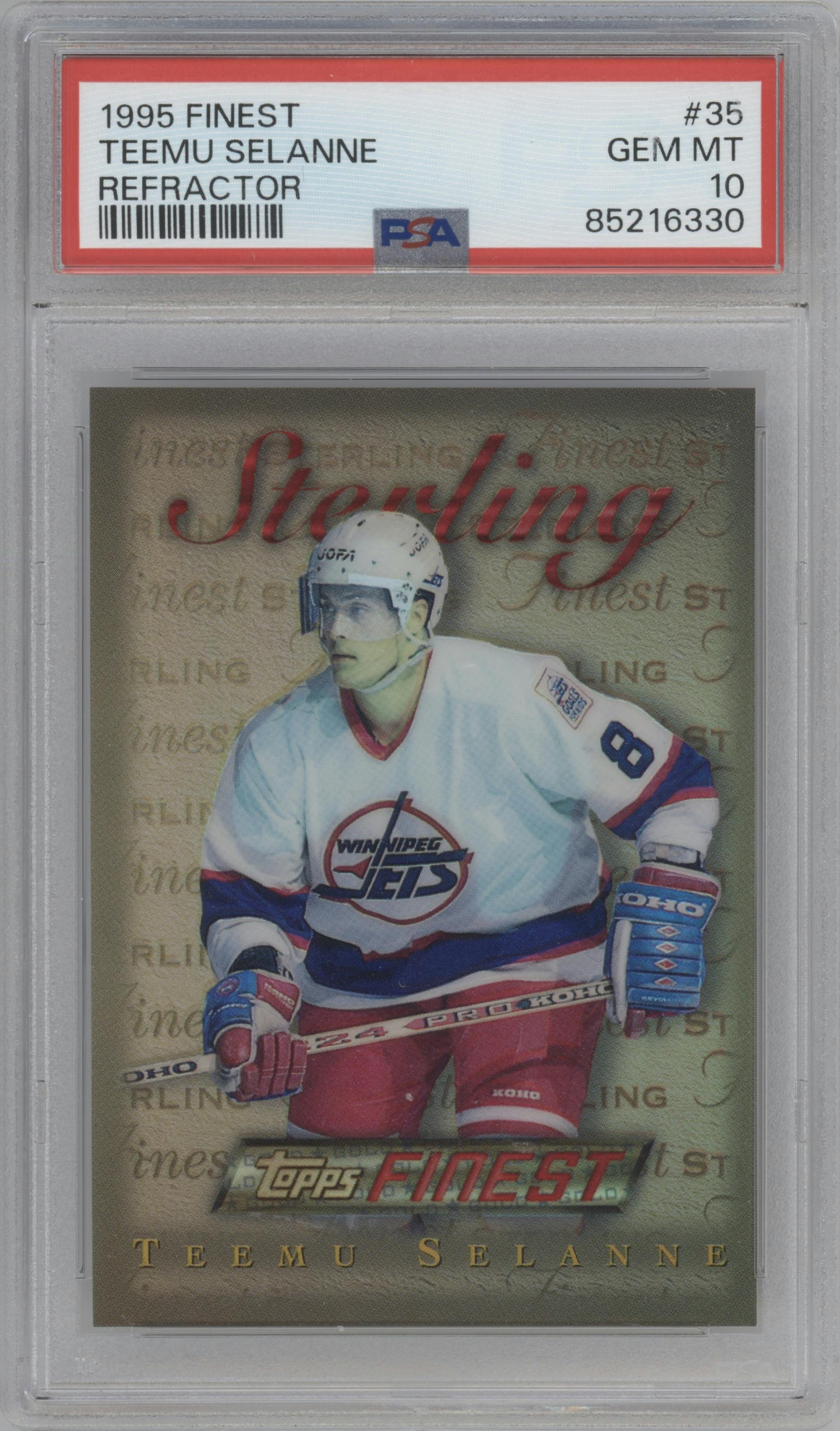 Teemu Selanne  from the 1995-96 Finest set featuring a Refractor parallel graded by PSA and given an overall grade of 10.