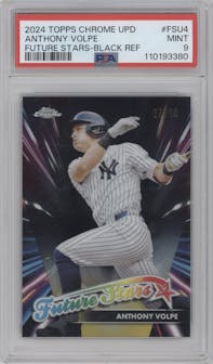 Anthony Volpe from the 2024 Topps Chrome Update set featuring a Black Refractors parallel graded by PSA and given an overall grade of 9.