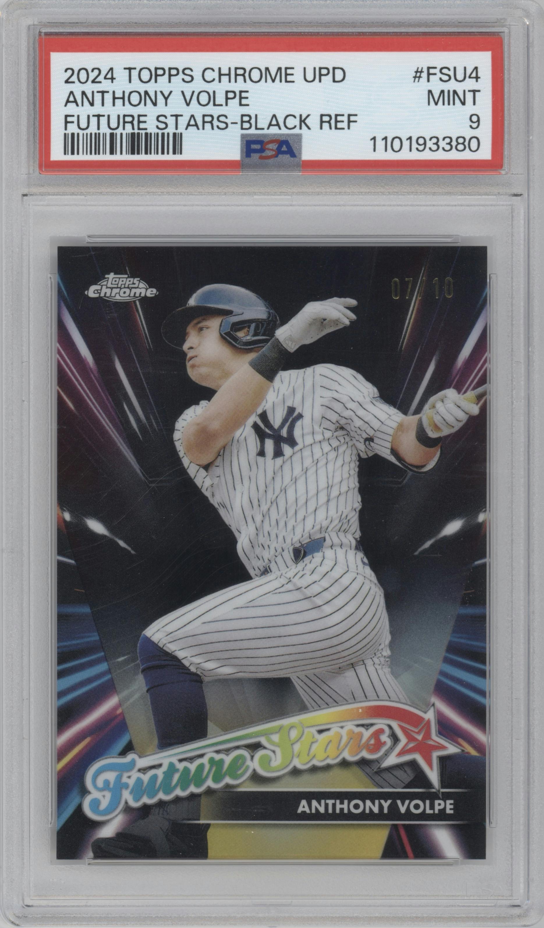 Anthony Volpe from the 2024 Topps Chrome Update set featuring a Black Refractors parallel graded by PSA and given an overall grade of 9.