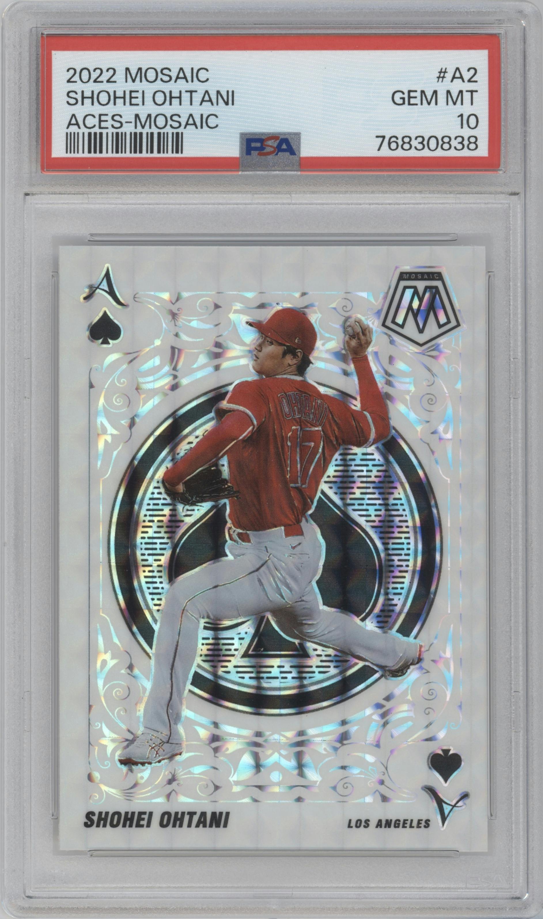 Shohei Ohtani from the 2022 Panini Mosaic set featuring a Mosaic parallel graded by PSA and given an overall grade of 10.
