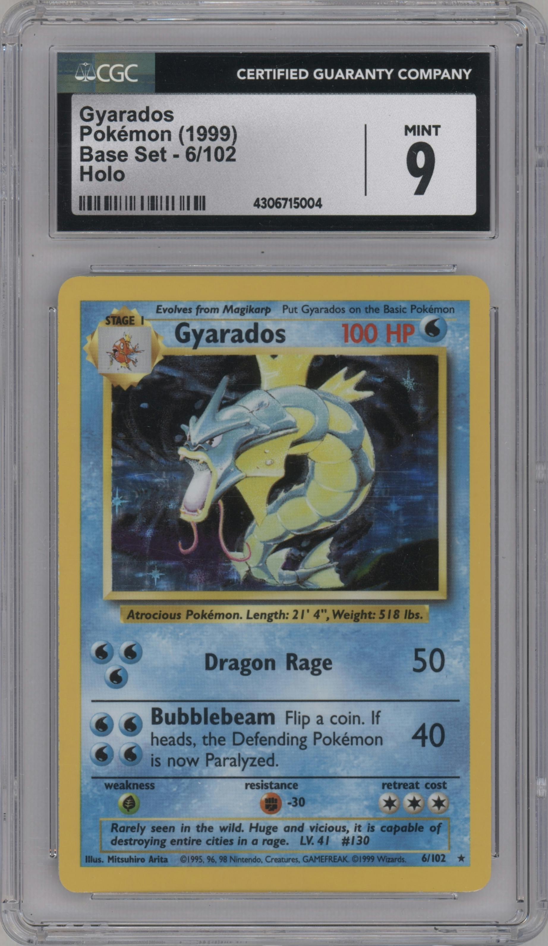 Gyarados from the 1999 Pokemon set graded by CSG and given an overall grade of 9.