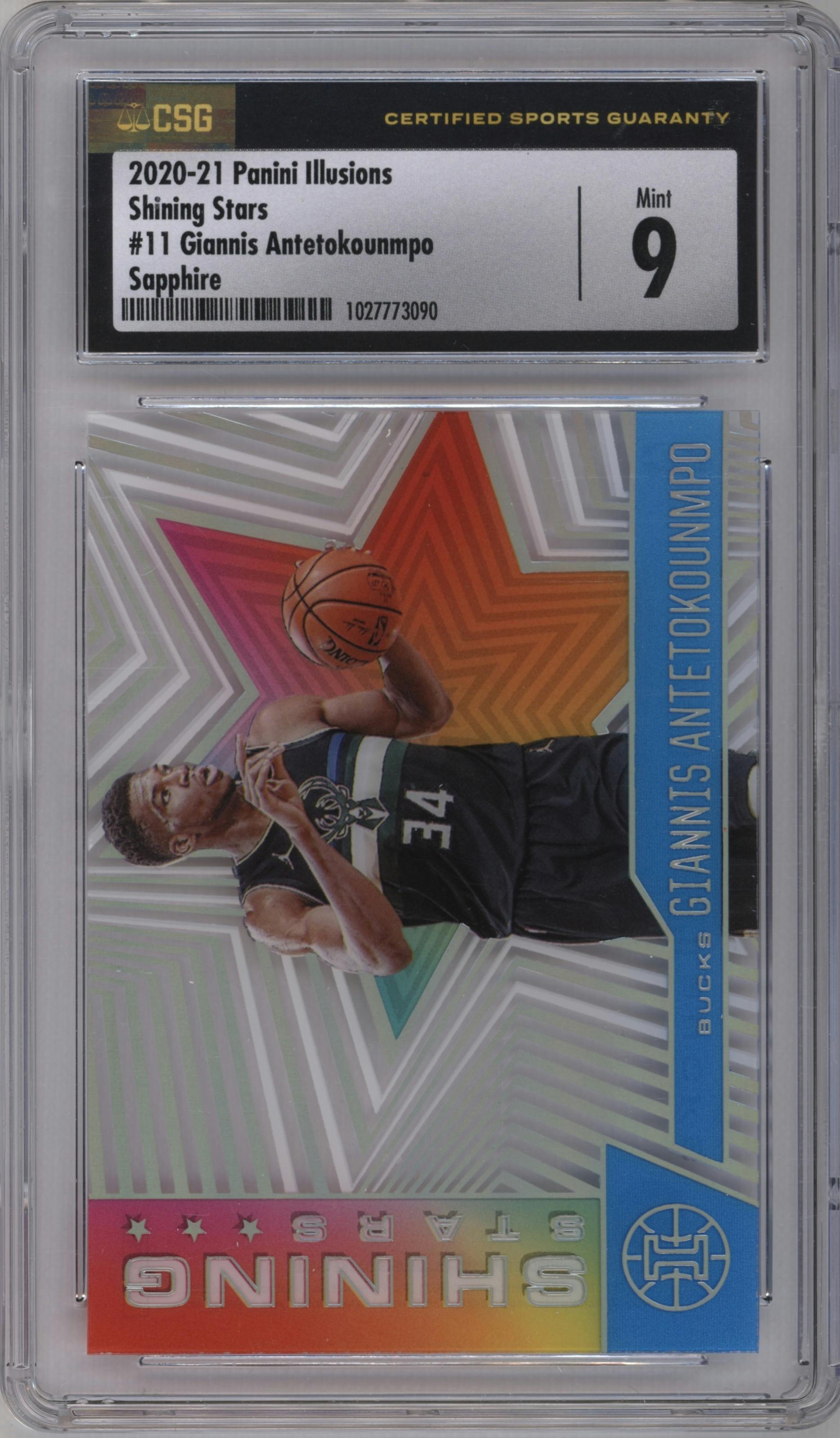 Giannis Antetokounmpo from the 2020-21 Panini Illusions  set featuring a Sapphire parallel graded by CSG and given an overall grade of 9.