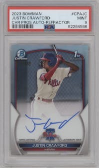 Justin Crawford from the 2023 Bowman  set featuring a Refractor parallel graded by PSA and given an overall grade of 9.