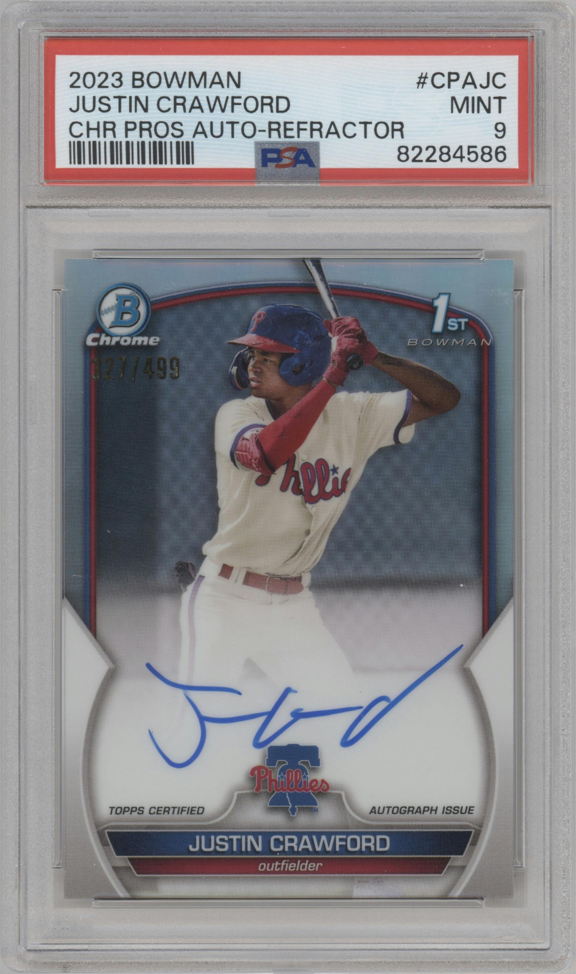 Justin Crawford from the 2023 Bowman  set featuring a Refractor parallel graded by PSA and given an overall grade of 9.