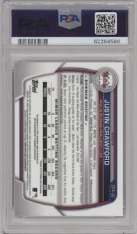 Justin Crawford from the 2023 Bowman  set featuring a Refractor parallel graded by PSA and given an overall grade of 9.