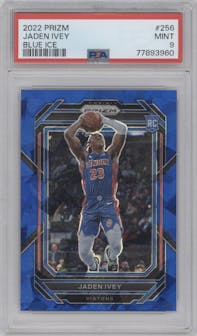 Jaden Ivey from the 2022-23 Panini Prizm  set featuring a Blue Ice parallel graded by PSA and given an overall grade of 9.