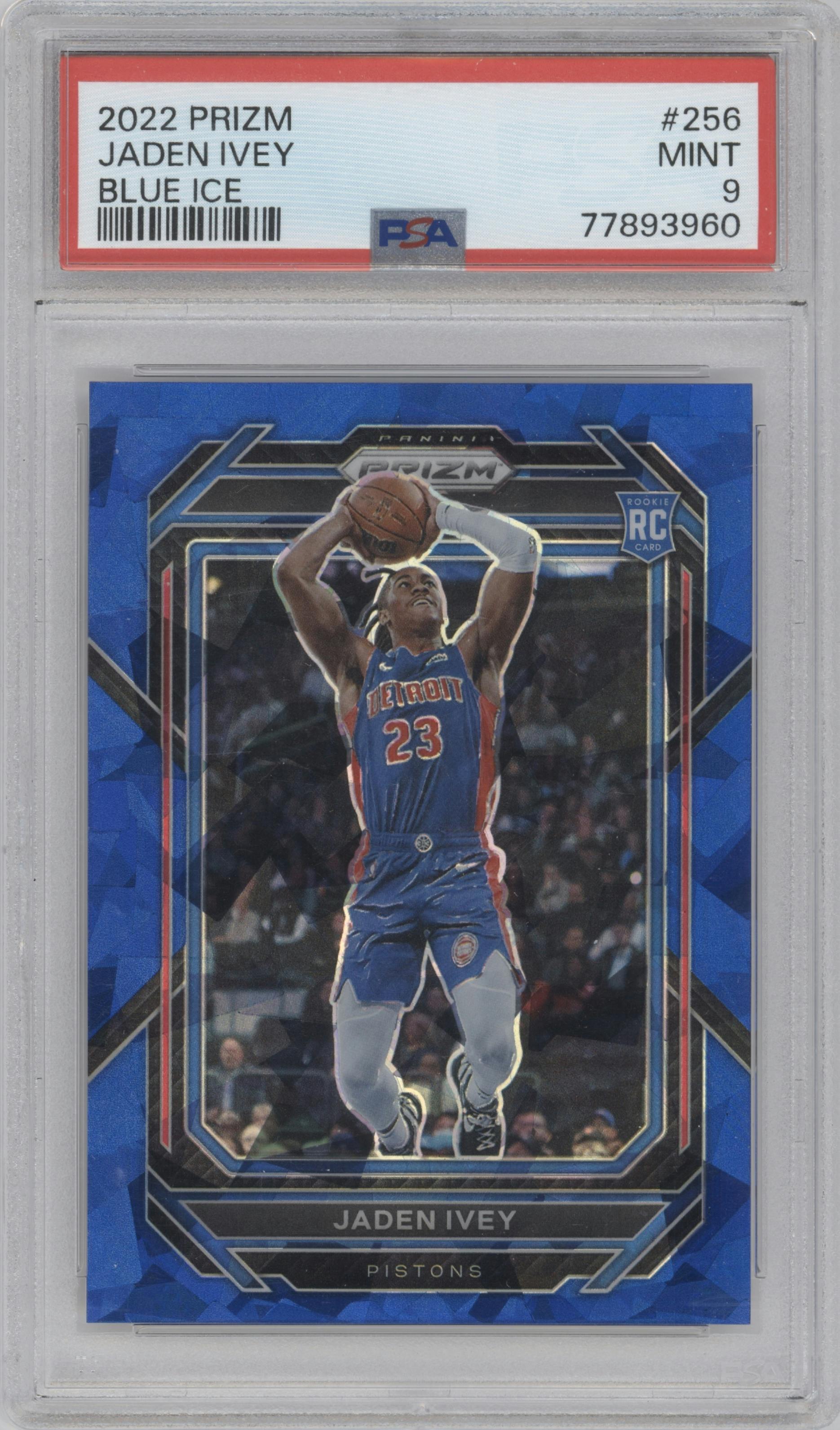 Jaden Ivey from the 2022-23 Panini Prizm  set featuring a Blue Ice parallel graded by PSA and given an overall grade of 9.