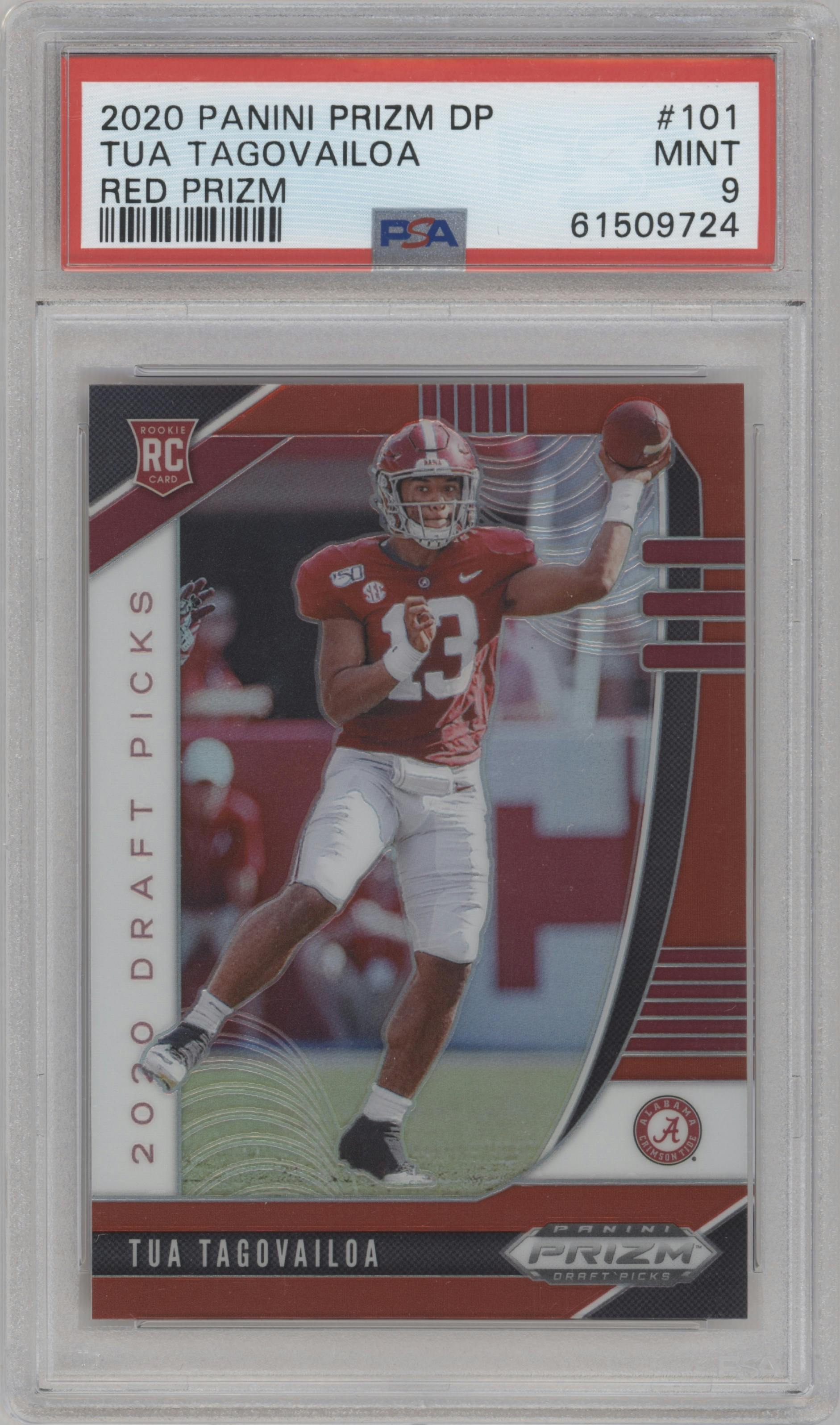 Tua Tagovailoa from the 2020 Panini Prizm Draft Picks set featuring a Red Prizm parallel graded by PSA and given an overall grade of 9.