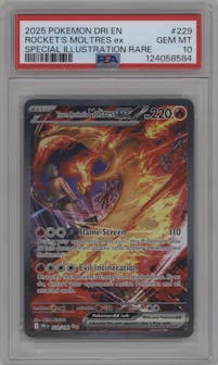 Team Rocket's Moltres ex from the 2025 Pokemon SV set graded by PSA and given an overall grade of 10.