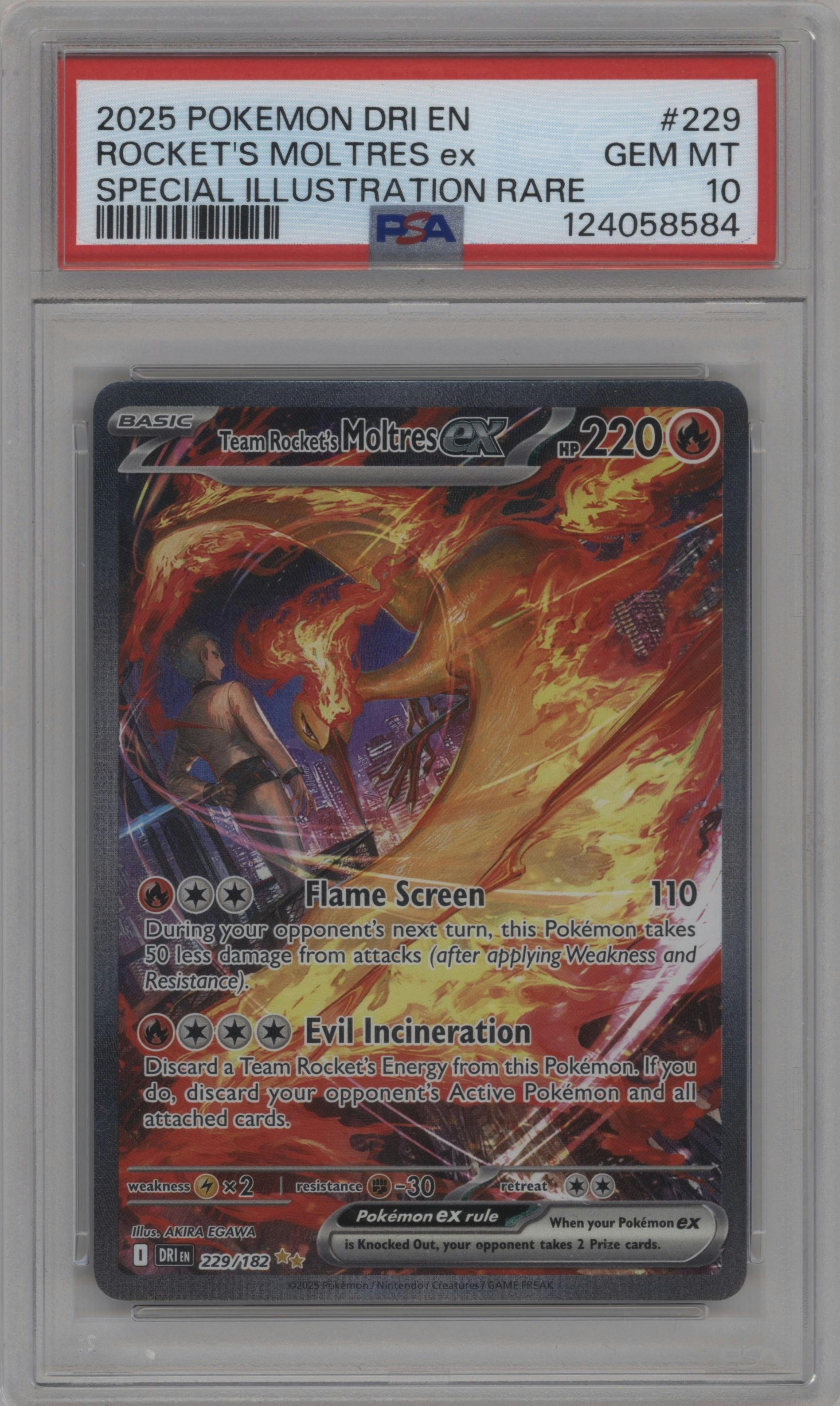 Team Rocket's Moltres ex from the 2025 Pokemon SV set graded by PSA and given an overall grade of 10.