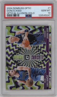Luka Doncic/Jason Kidd from the 2024-25 Donruss Optic set featuring a Holo parallel graded by PSA and given an overall grade of 10.