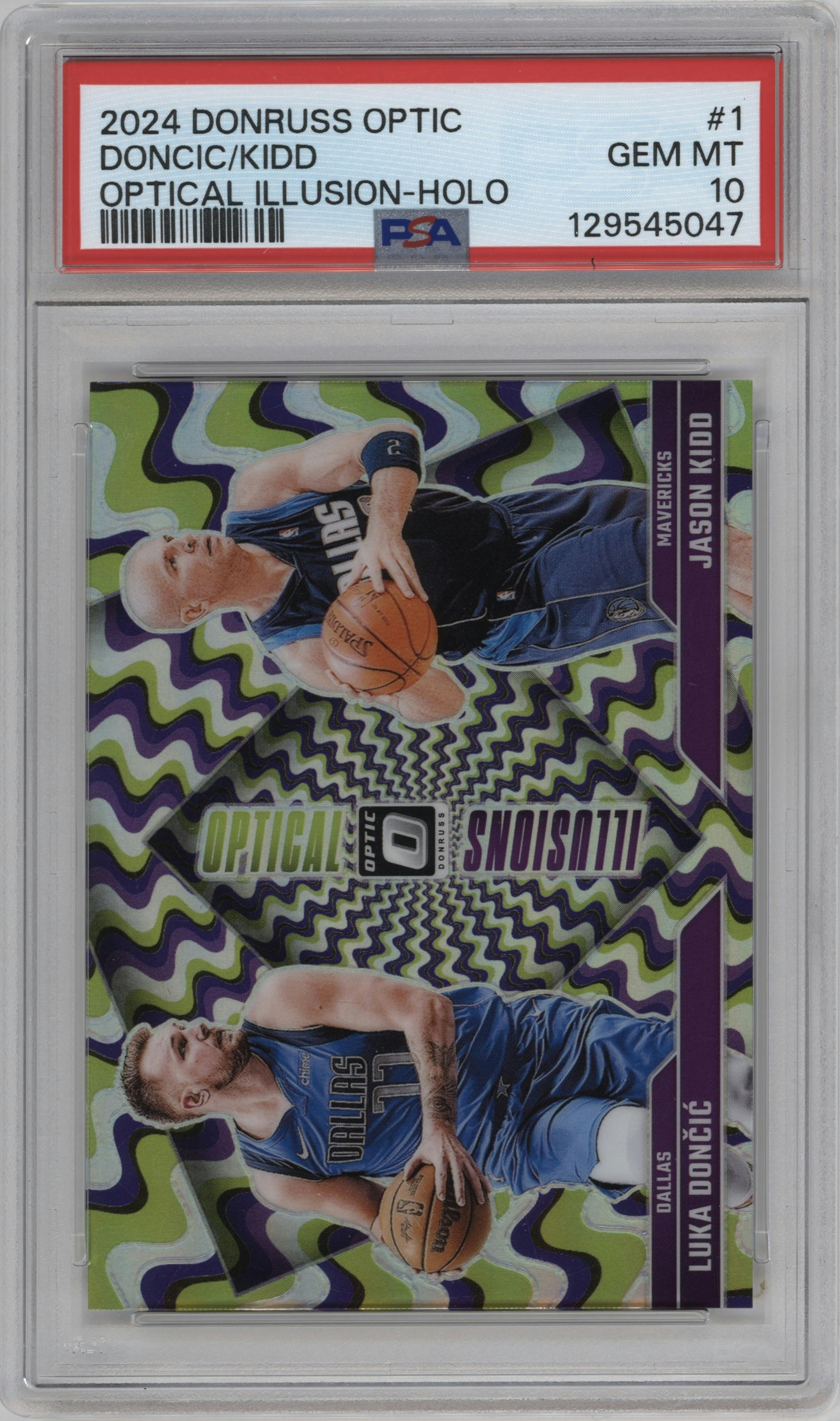 Luka Doncic/Jason Kidd from the 2024-25 Donruss Optic set featuring a Holo parallel graded by PSA and given an overall grade of 10.