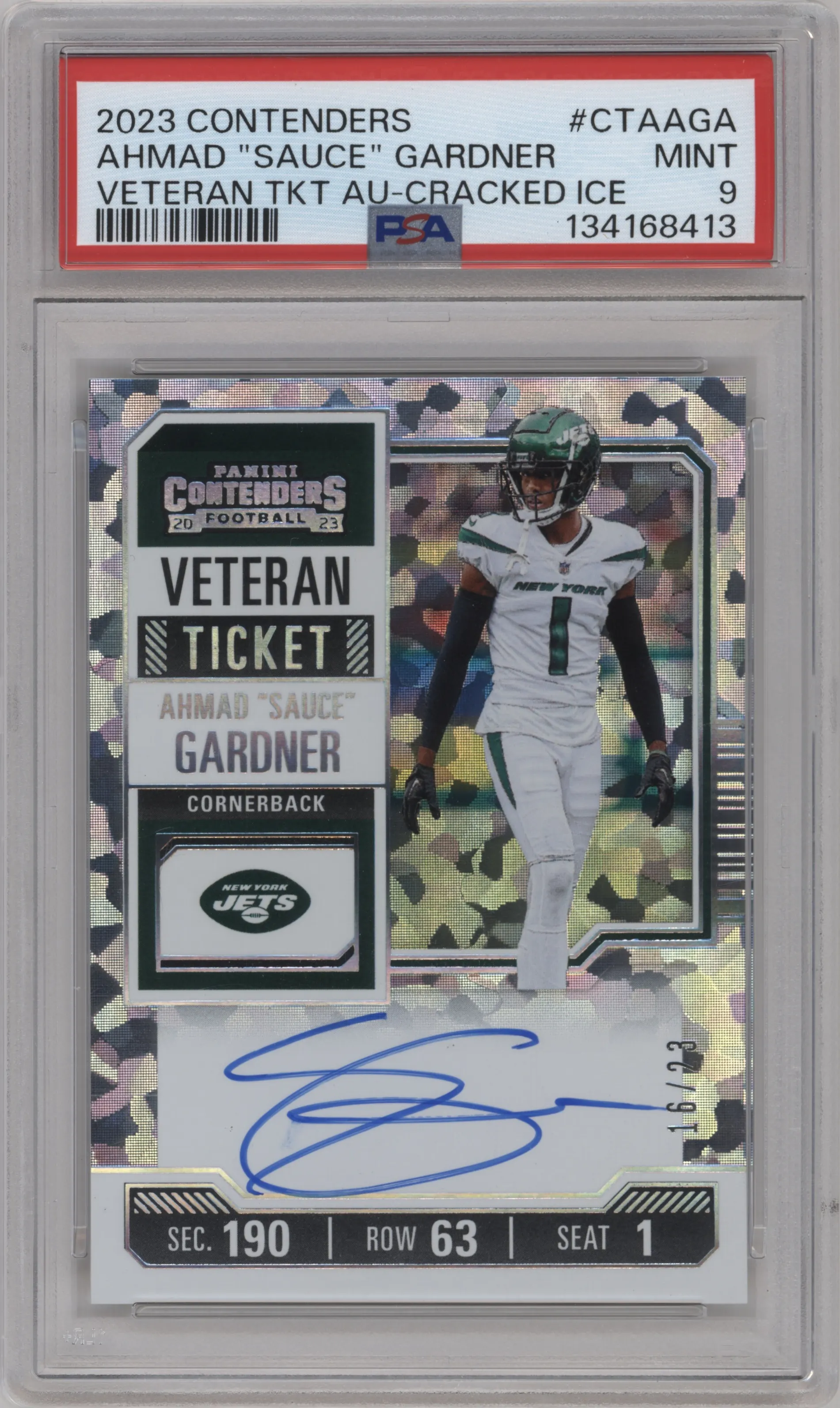 2023 Panini Contenders Veteran Tkt. Ahmad “Sauce” Gardner Cracked Ice Ticket PSA 9