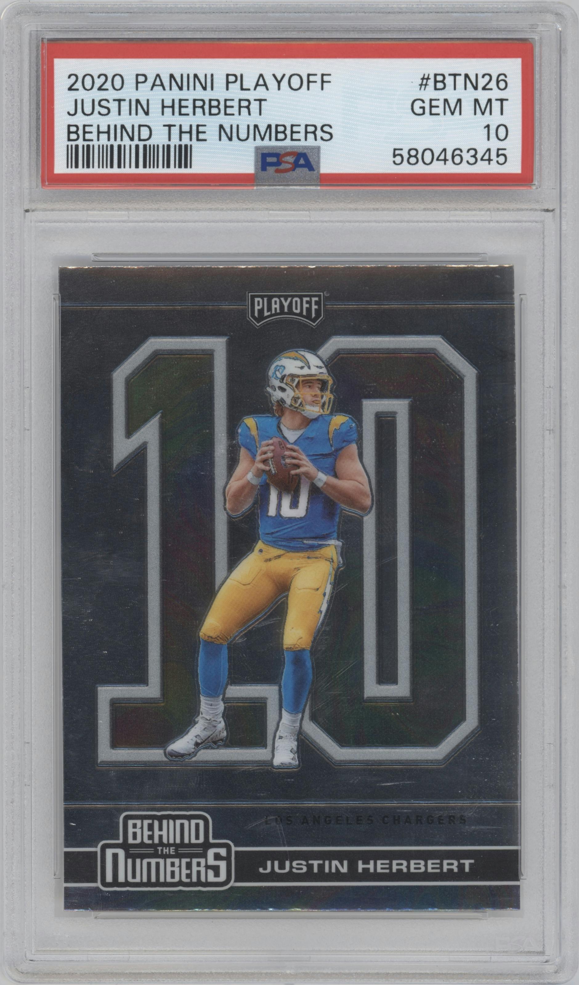 Justin Herbert from the 2020 Panini Playoff set graded by PSA and given an overall grade of 10.