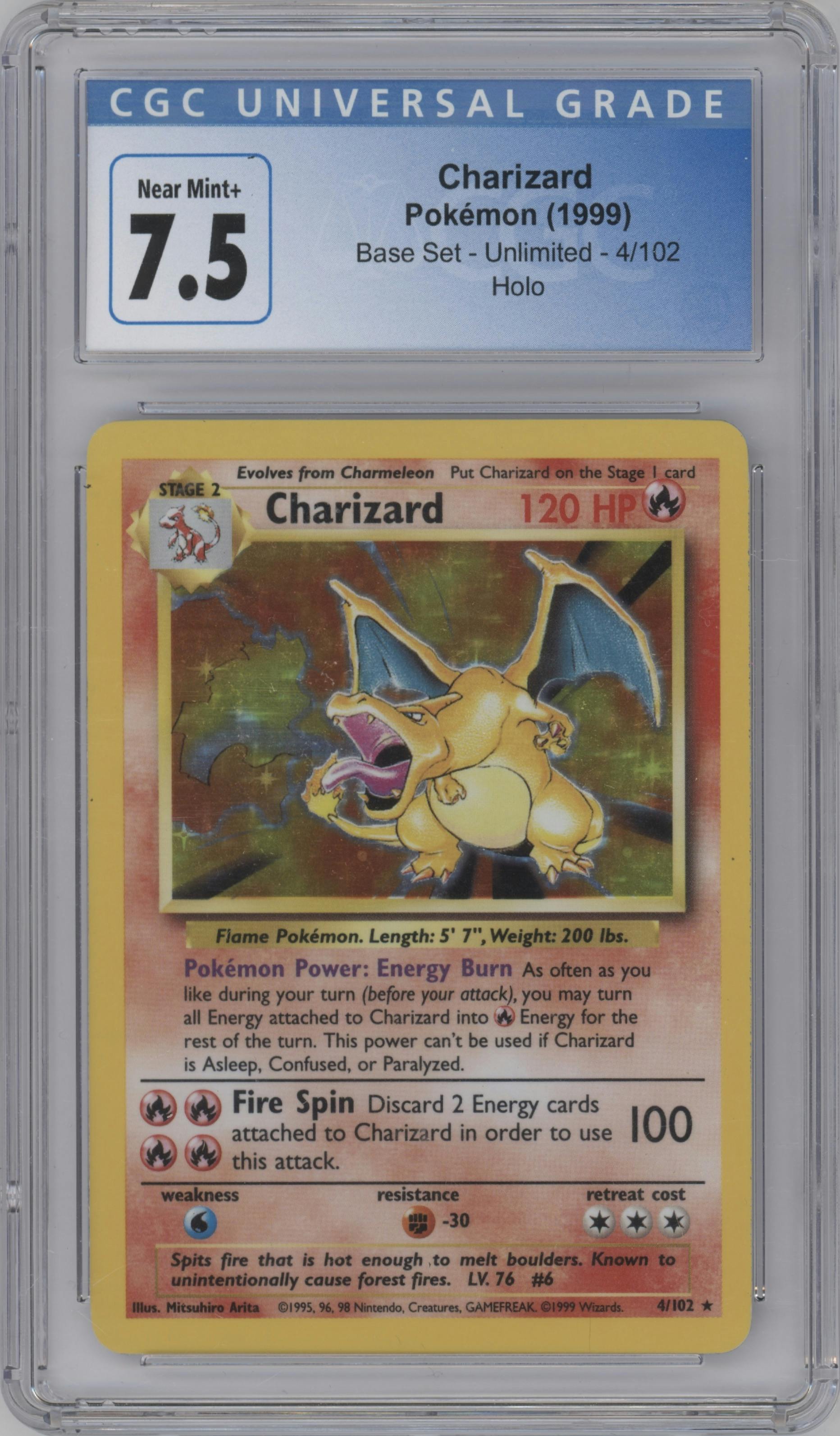 Charizard from the 1999 Pokemon set graded by CSG and given an overall grade of 7.5.