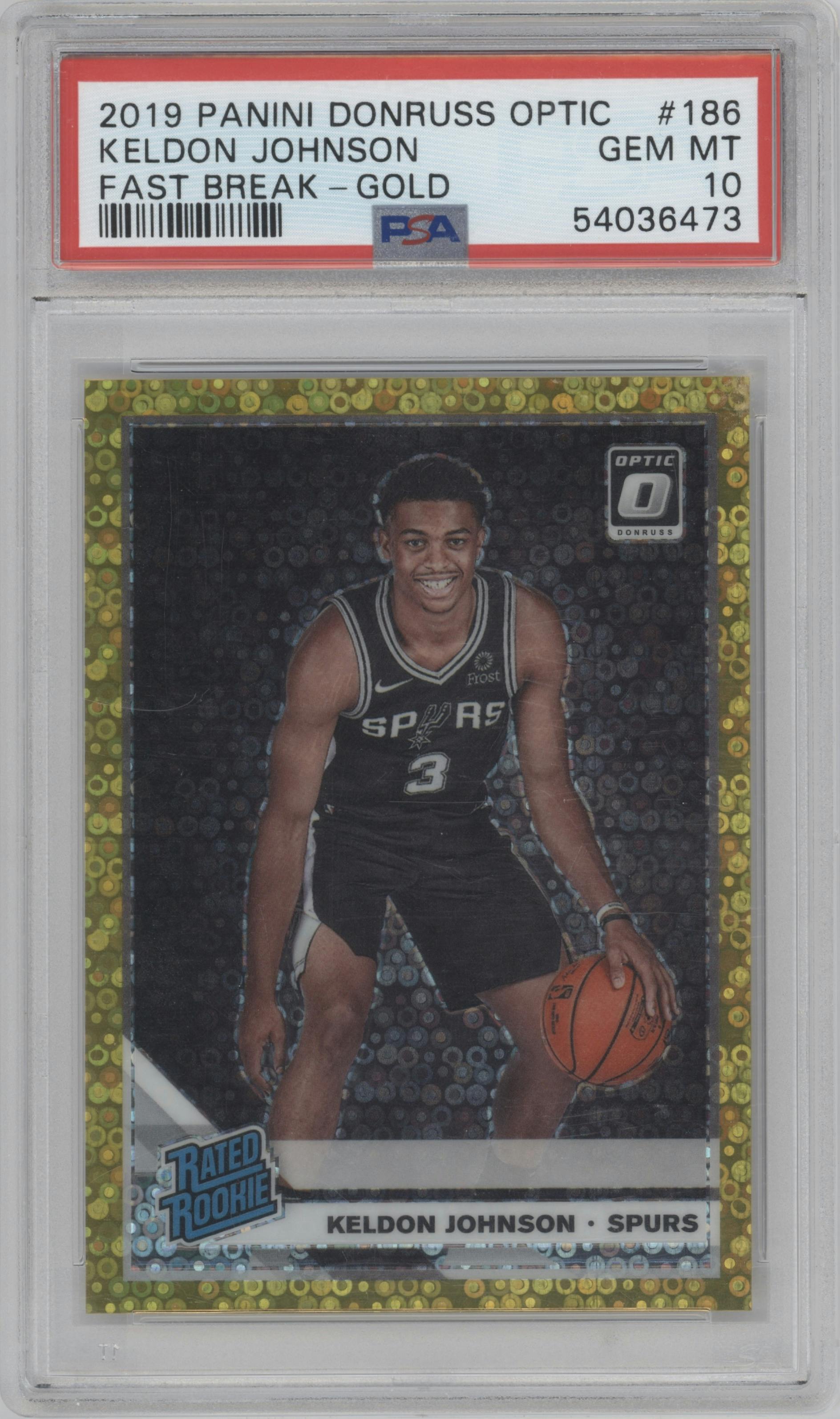 Keldon Johnson from the 2019-20 Panini Donruss Optic set featuring a Fast Break Gold parallel graded by PSA and given an overall grade of 10.