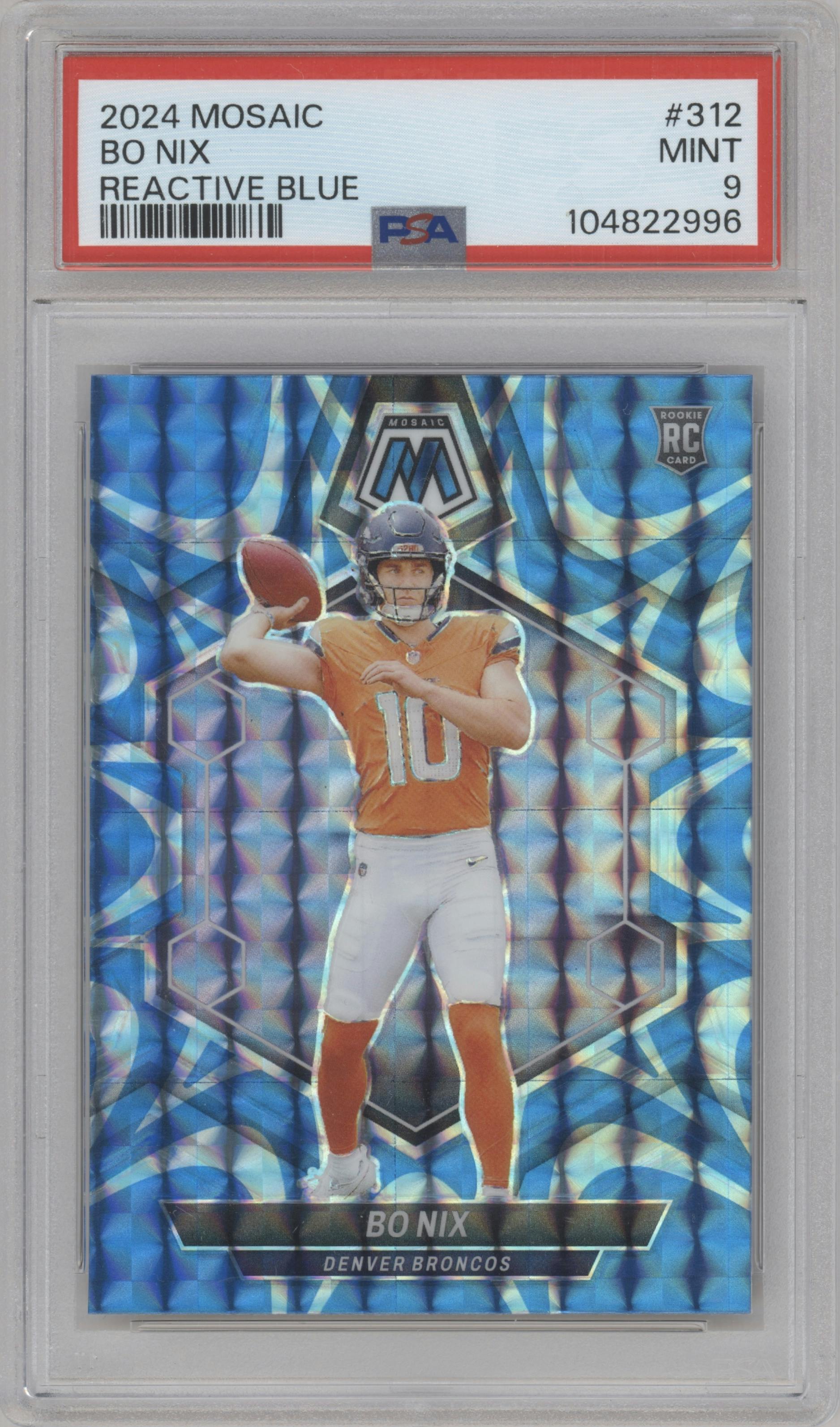Bo Nix from the 2024 Panini Mosaic set featuring a Reactive Blue parallel graded by PSA and given an overall grade of 9.