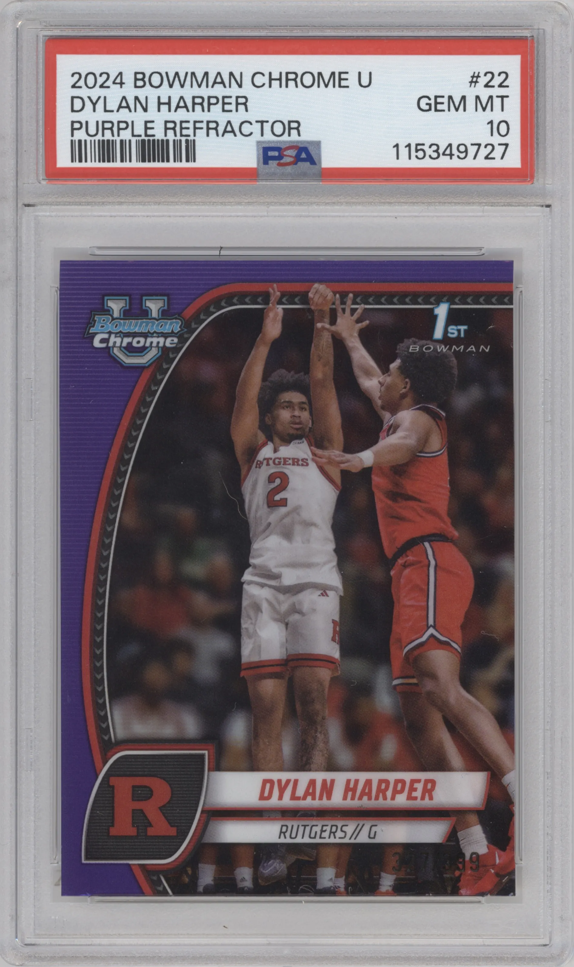 Dylan Harper  from the 2024-25 Bowman University Chrome set featuring a Purple Refractor parallel graded by PSA and given an overall grade of 10.
