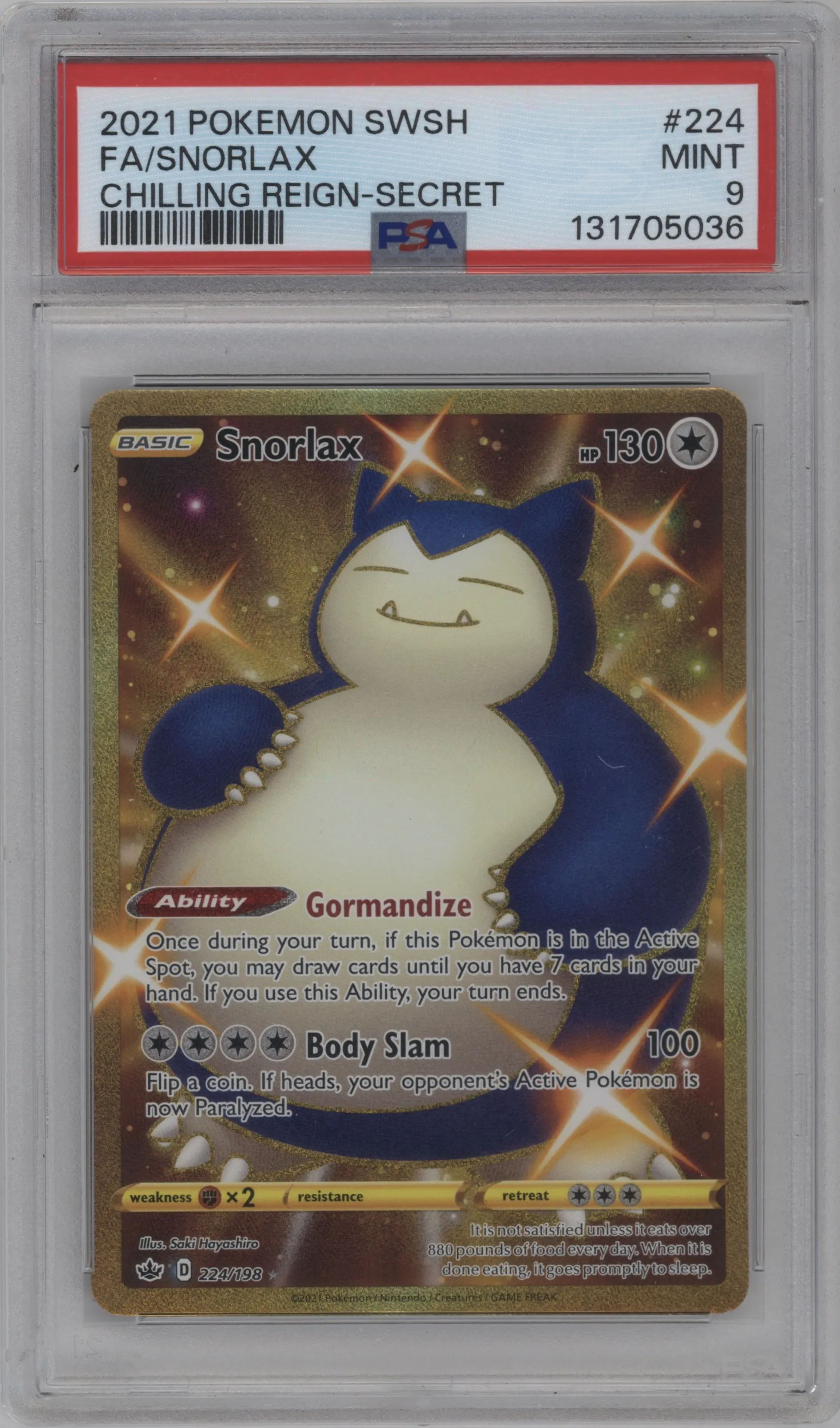 2021 Pokemon SWSH Chilling Reign Snorlax #224 PSA 9