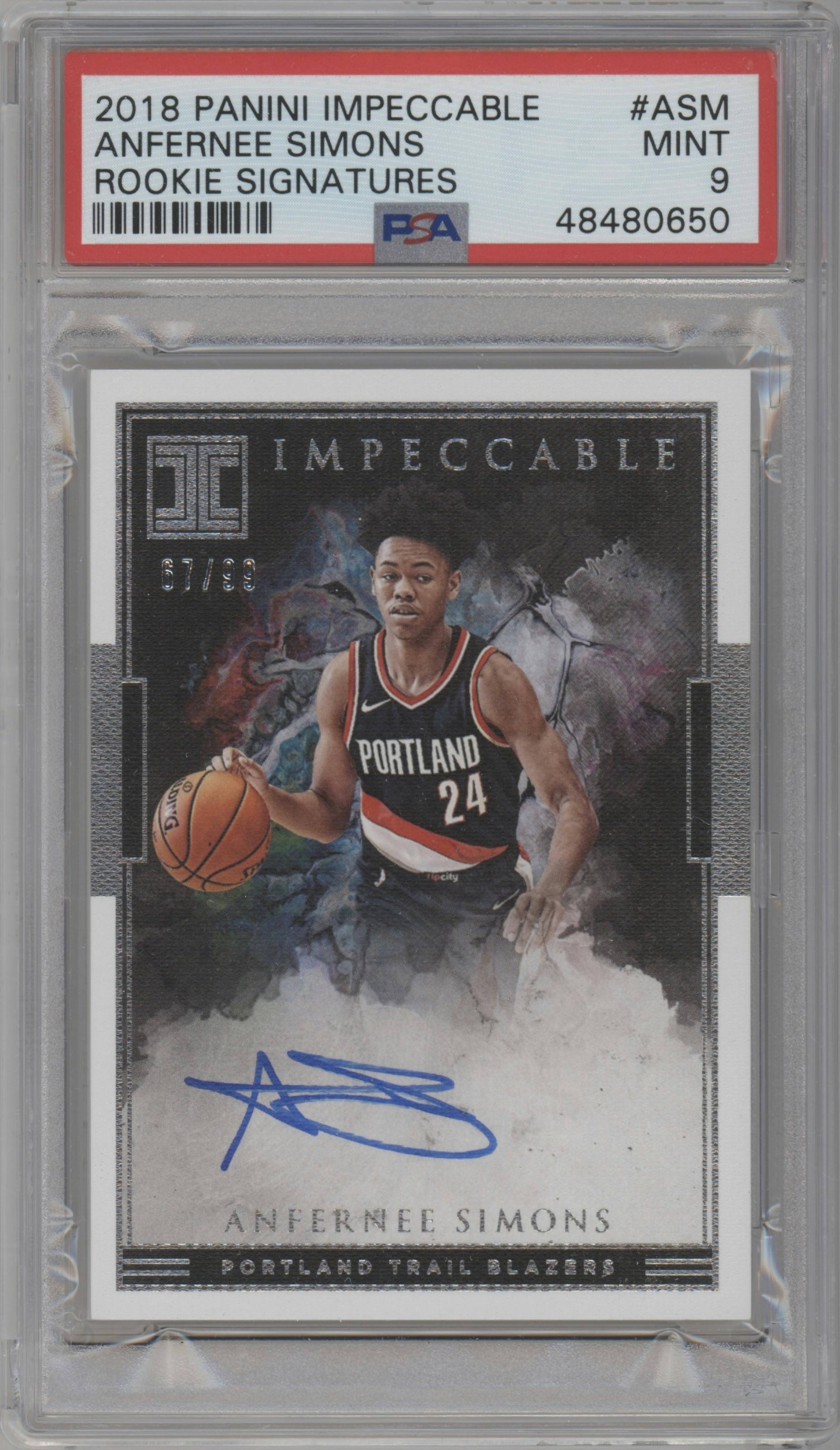 Anfernee Simons from the 2018-19 Panini Impeccable  set graded by PSA and given an overall grade of 9.