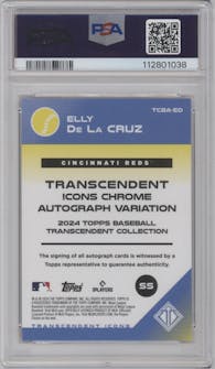 Elly De La Cruz from the 2024 Topps Transcendent Collection set featuring a Red Refractor parallel graded by PSA and given an overall grade of 10.
