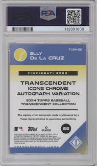 Elly De La Cruz from the 2024 Topps Transcendent Collection set featuring a Red Refractor parallel graded by PSA and given an overall grade of 10.