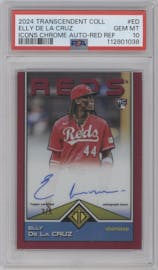 Elly De La Cruz from the 2024 Topps Transcendent Collection set featuring a Red Refractor parallel graded by PSA and given an overall grade of 10.