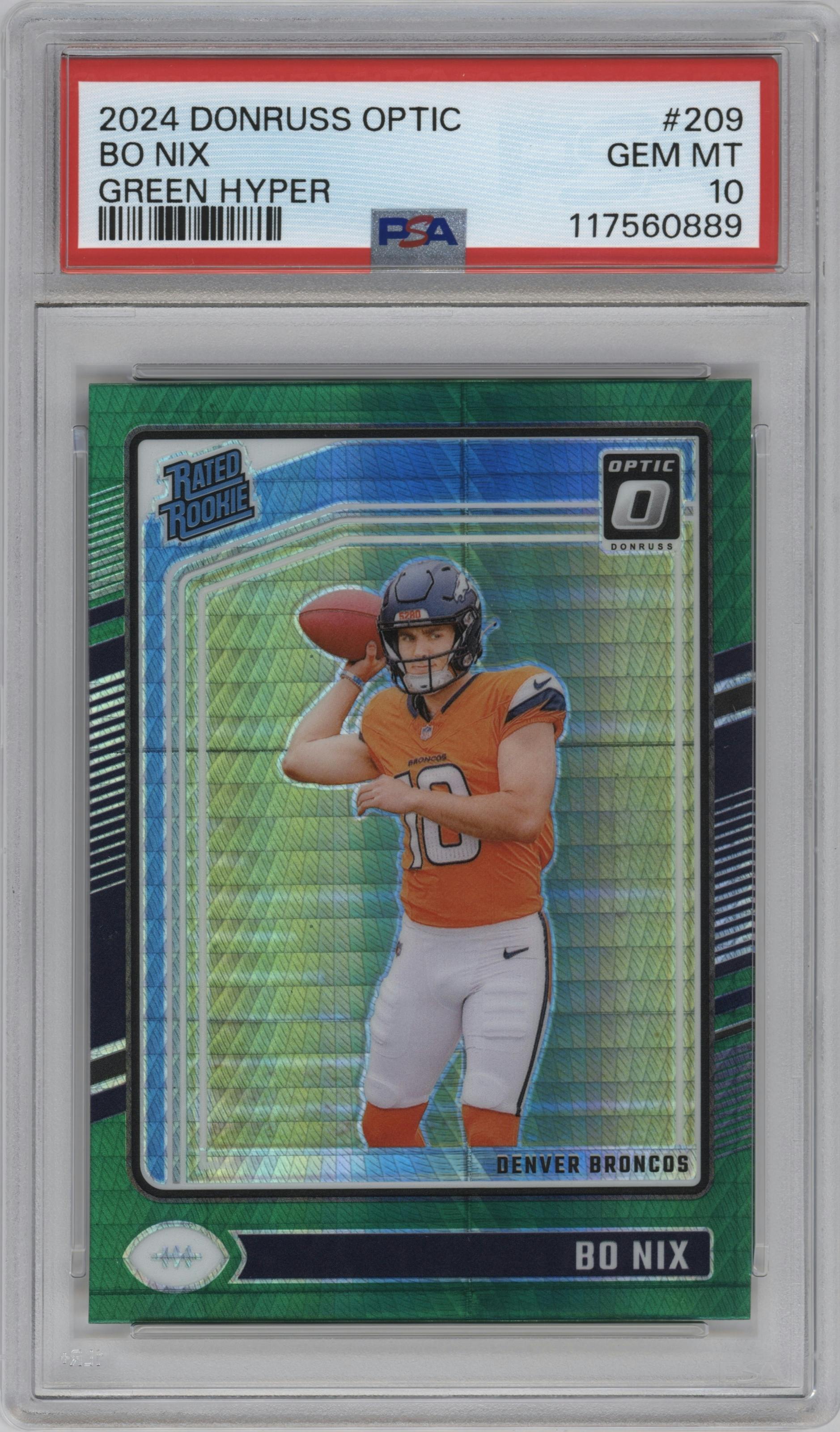 Bo Nix from the 2024 Donruss Optic set featuring a Green Hyper parallel graded by PSA and given an overall grade of 10.