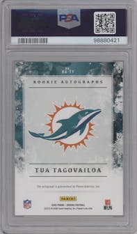 Tua Tagovailoa from the 2020 Panini Origins set featuring a Red parallel graded by PSA and given an overall grade of 8.