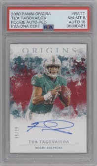 Tua Tagovailoa from the 2020 Panini Origins set featuring a Red parallel graded by PSA and given an overall grade of 8.