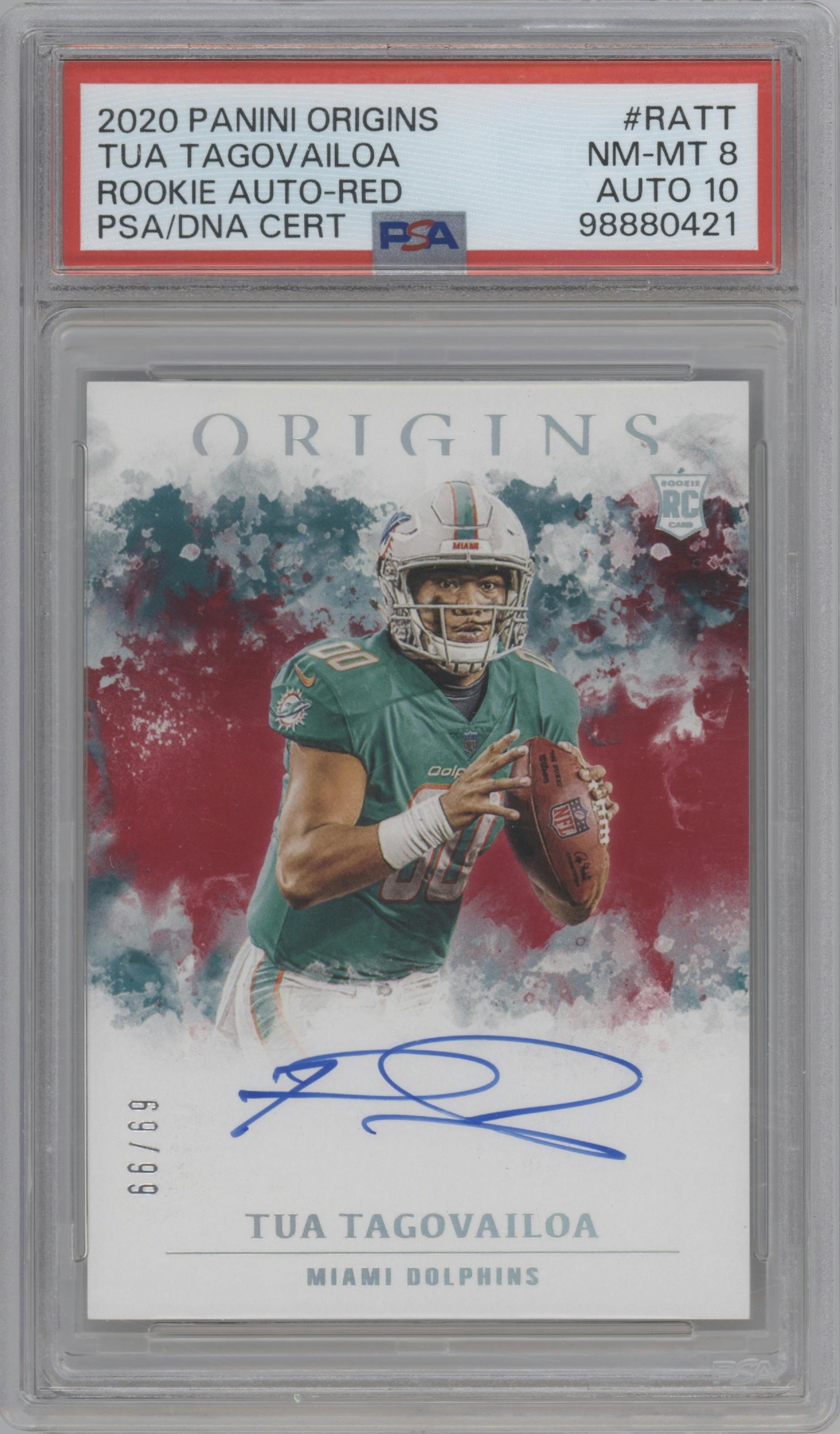 Tua Tagovailoa from the 2020 Panini Origins set featuring a Red parallel graded by PSA and given an overall grade of 8.