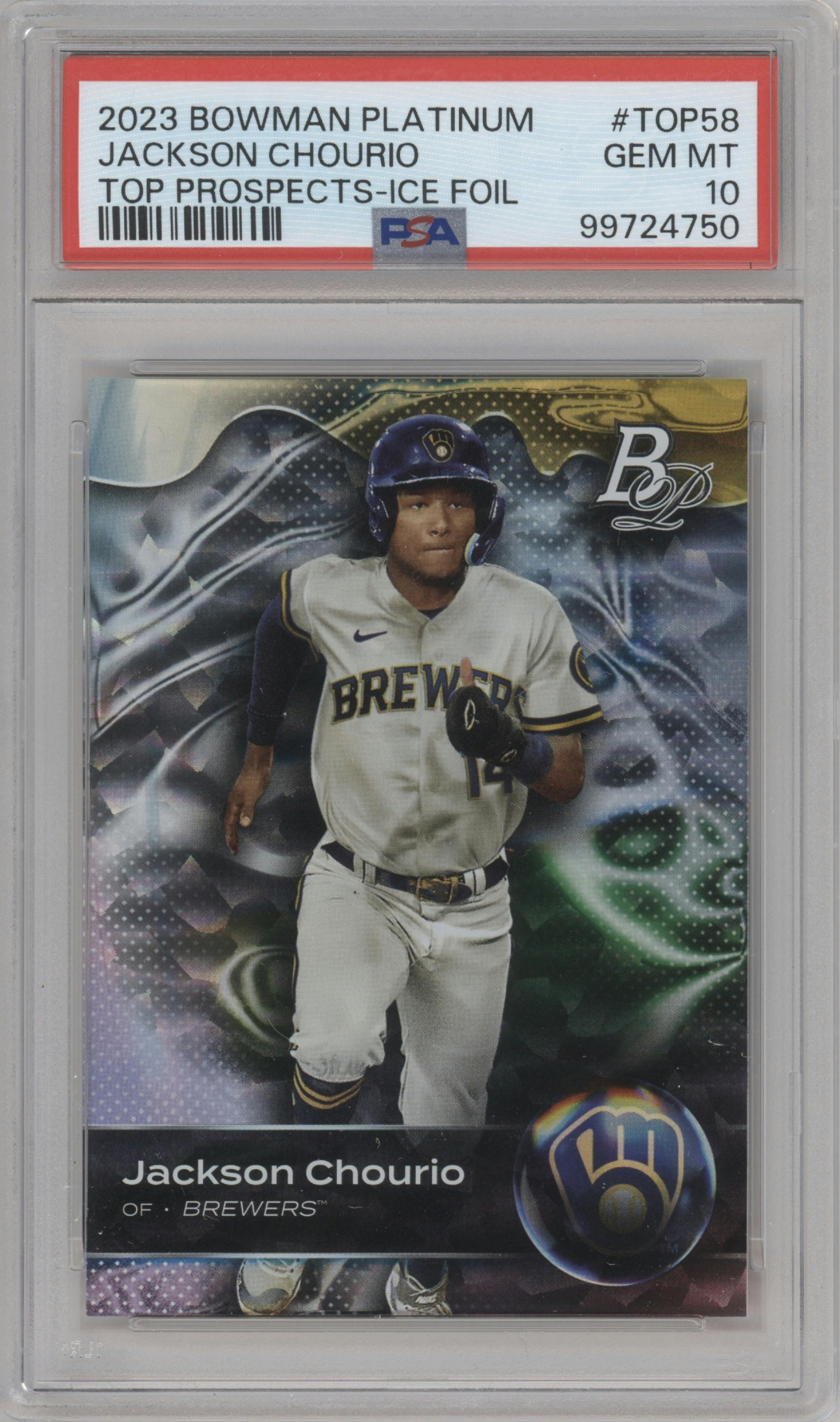 Jackson Chourio from the 2023 Bowman Platinum set featuring a Ice Foil parallel graded by PSA and given an overall grade of 10.