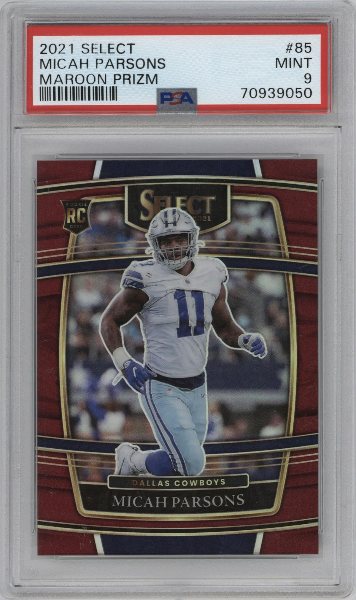 Micah Parsons from the 2021 Panini Select set featuring a Maroon Prizm parallel graded by PSA and given an overall grade of 9.