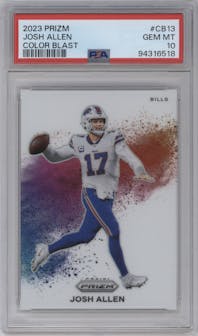Josh Allen from the 2023 Panini Prizm set graded by PSA and given an overall grade of 10.
