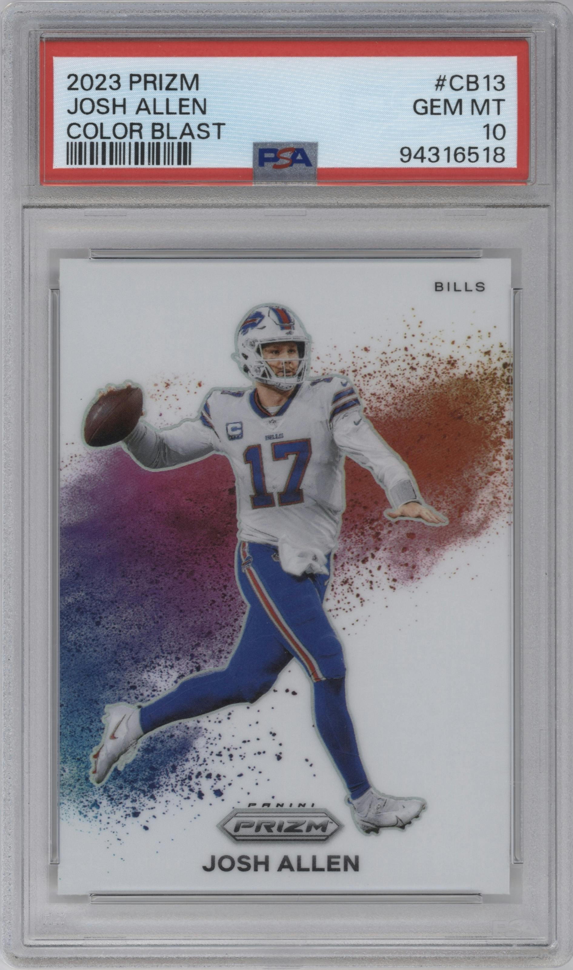 Josh Allen from the 2023 Panini Prizm set graded by PSA and given an overall grade of 10.