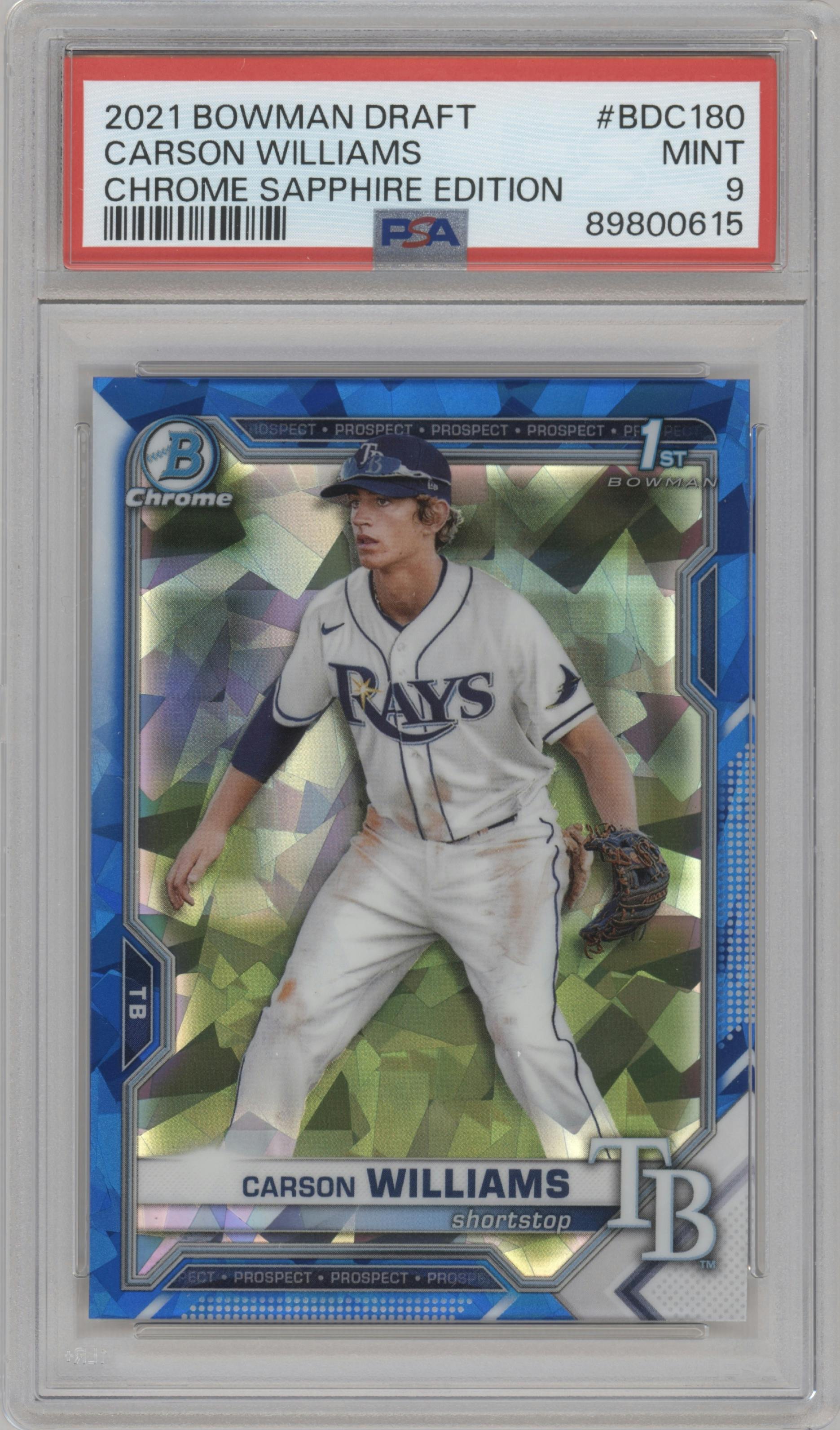 Carson Williams from the 2021 Bowman Draft Sapphire Edition set graded by PSA and given an overall grade of 9.