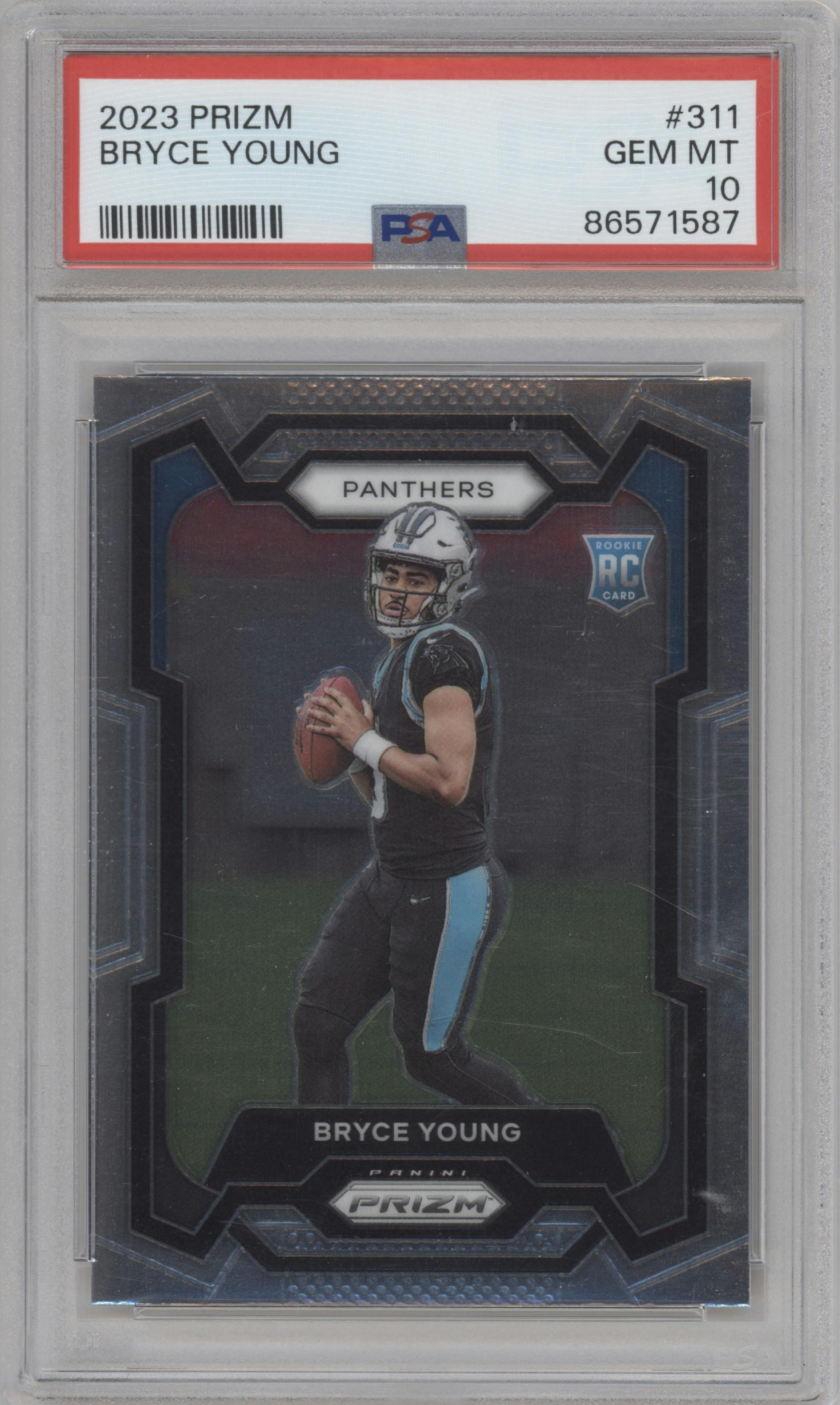 Bryce Young from the 2023 Panini Prizm set graded by PSA and given an overall grade of 10.